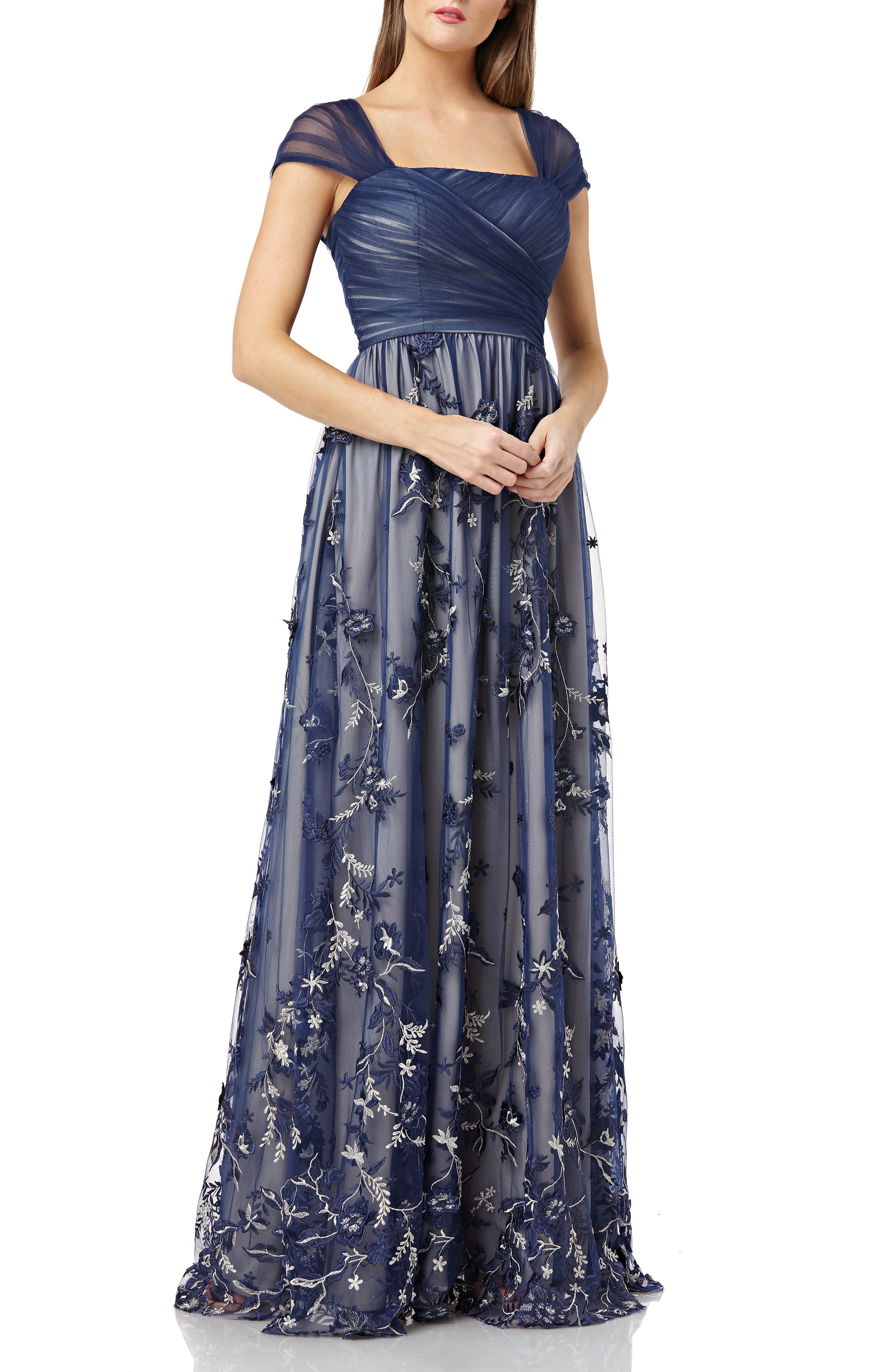 Carmen Marc Valvo Infusion Embroidered Tulle Gown, Blue