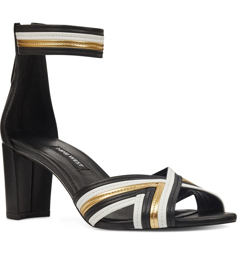 NINE WEST Pearl3 Ankle Strap Sandal, Main, color, BLACK/ WHITE ORO LEATHER