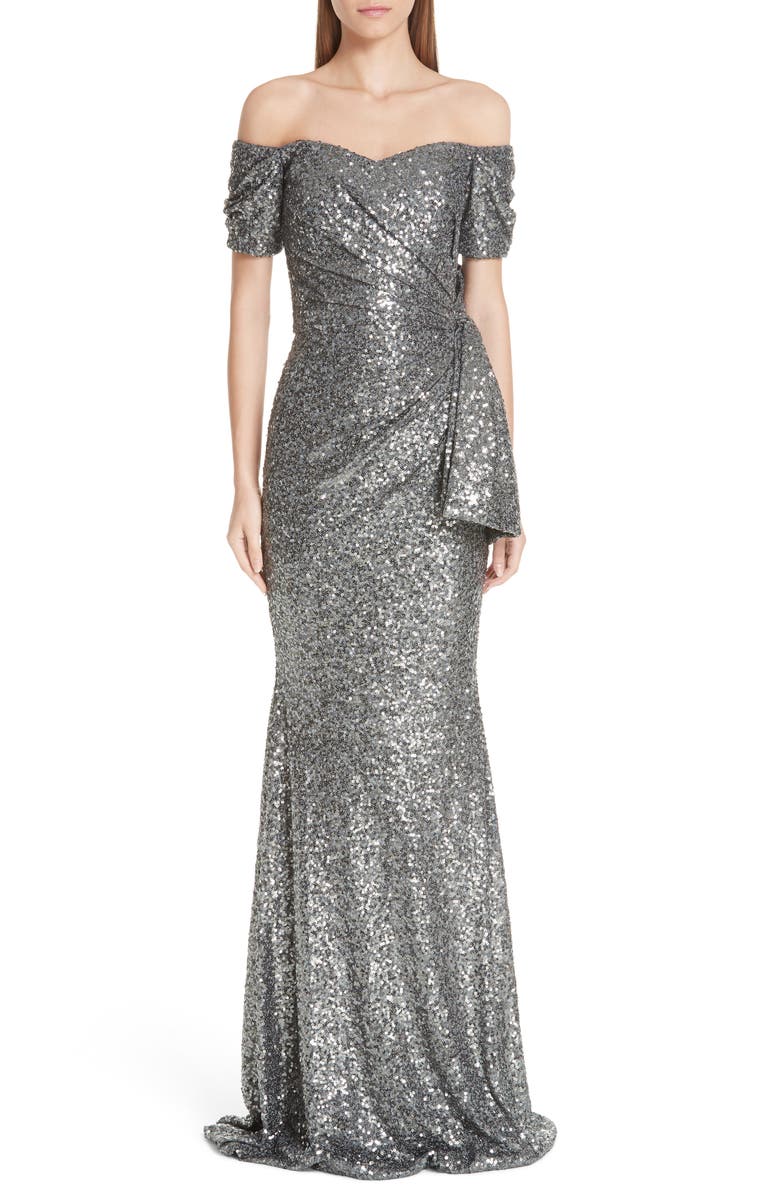 Badgley Mischka Collection Bow Detail Sequin Off the Shoulder Gown ...