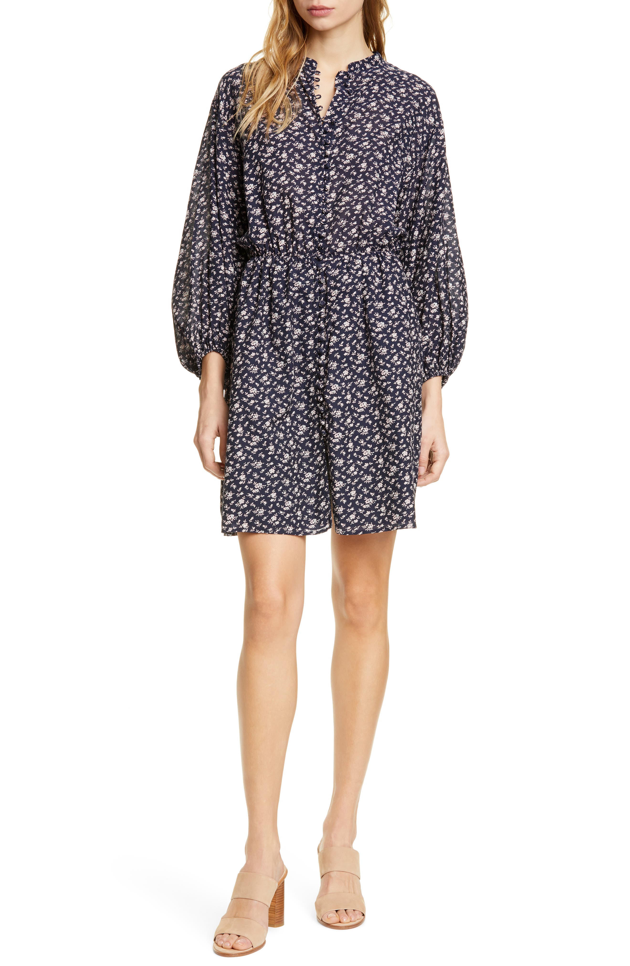 Joie Galani Long Balloon Sleeve Cotton Blend Dress, Blue