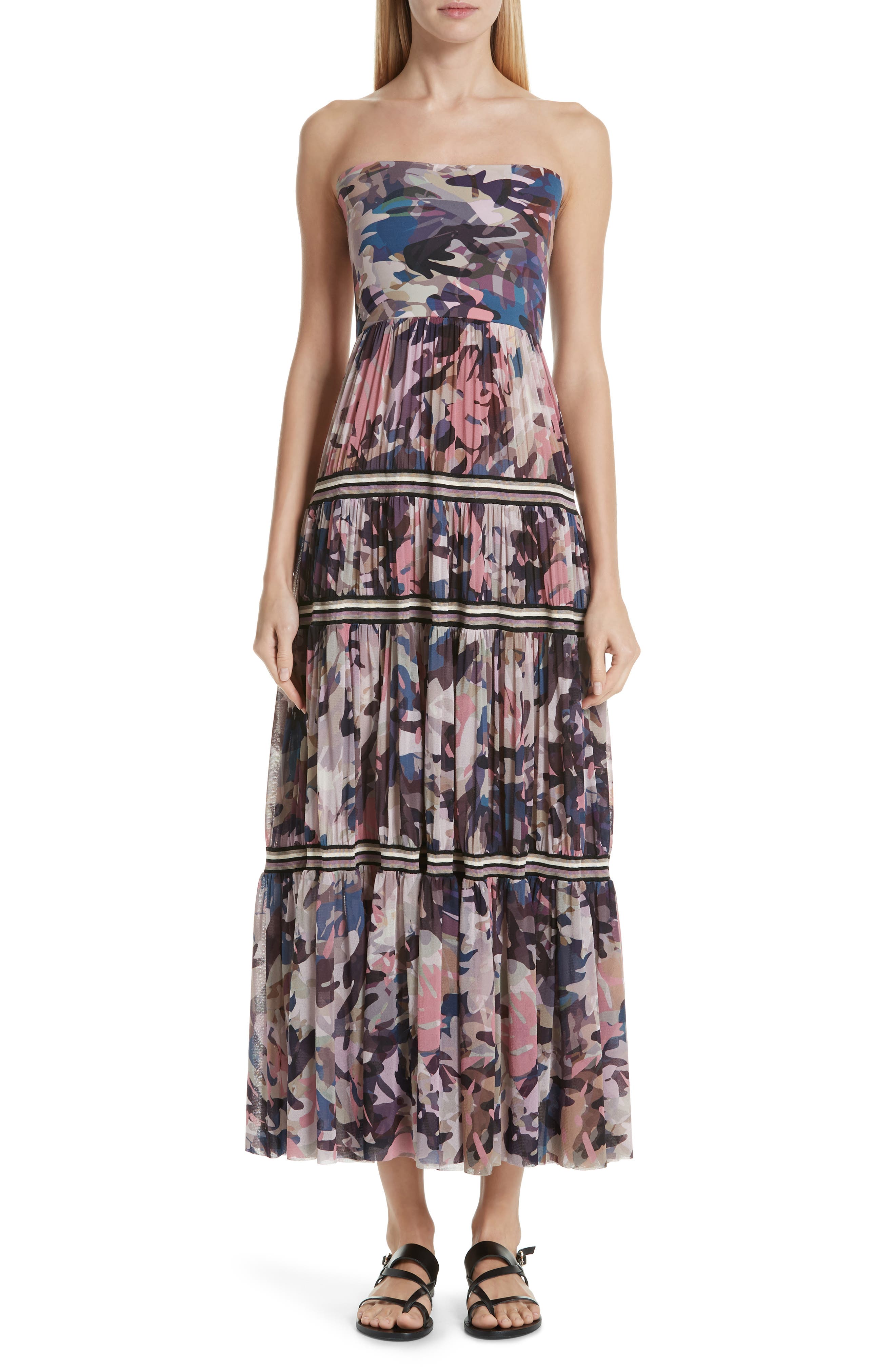 Fuzzi Camo Print Strapless Tulle Convertible Dress, Pink