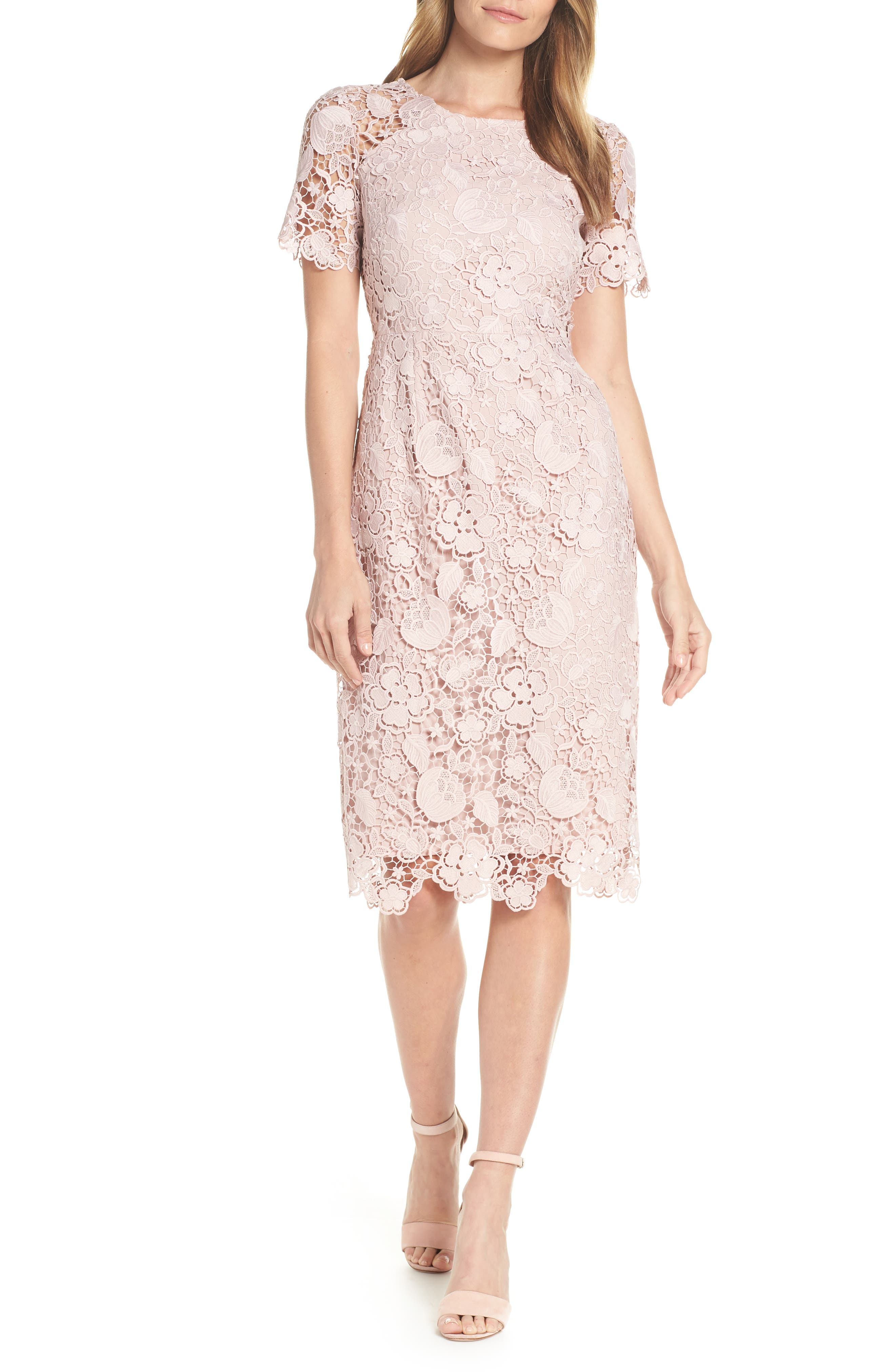 Eliza J Embroidered Lace Sheath Dress, Beige
