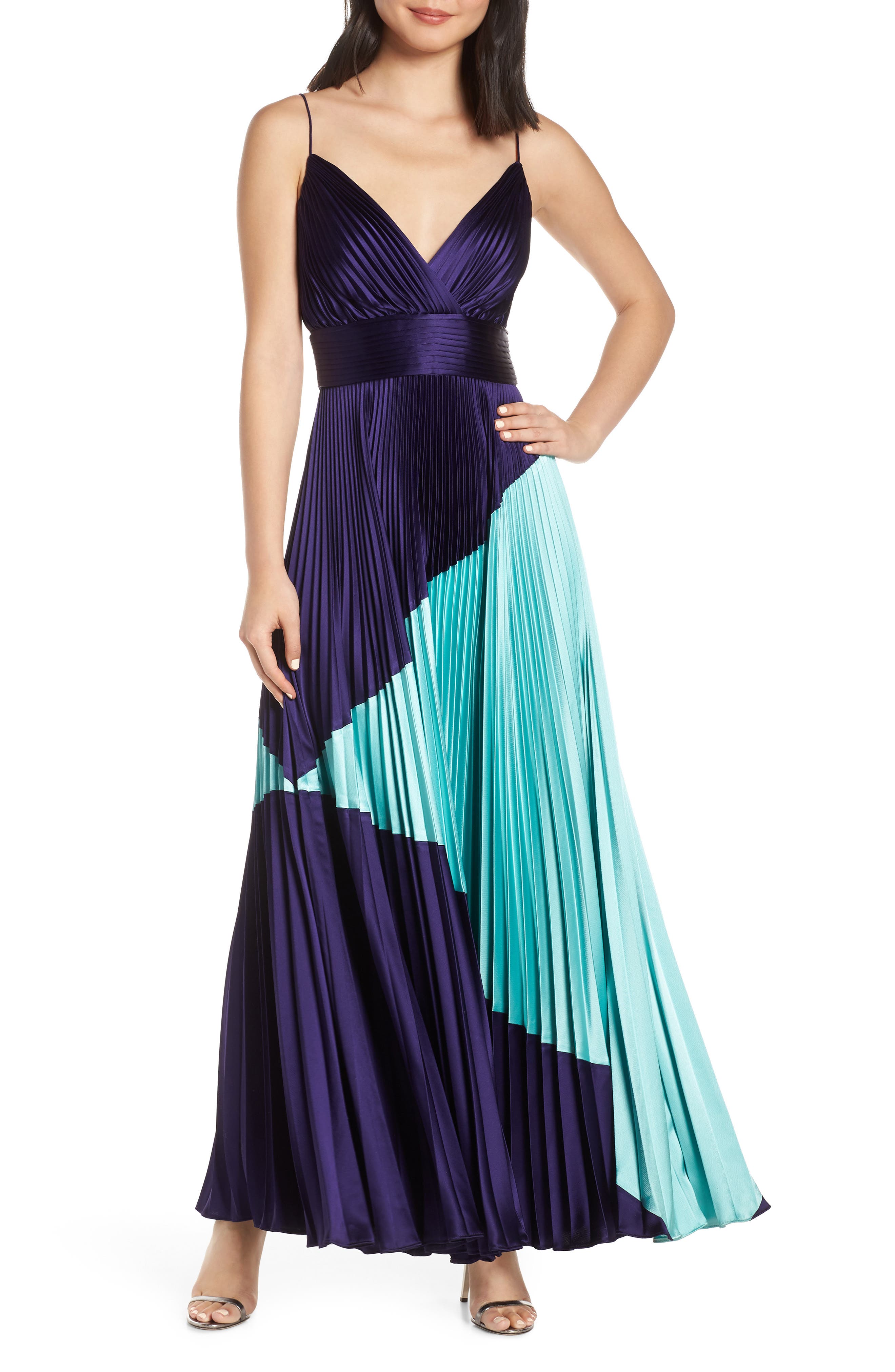 Jill Jill Stuart Colorblock Pleated Gown, Blue