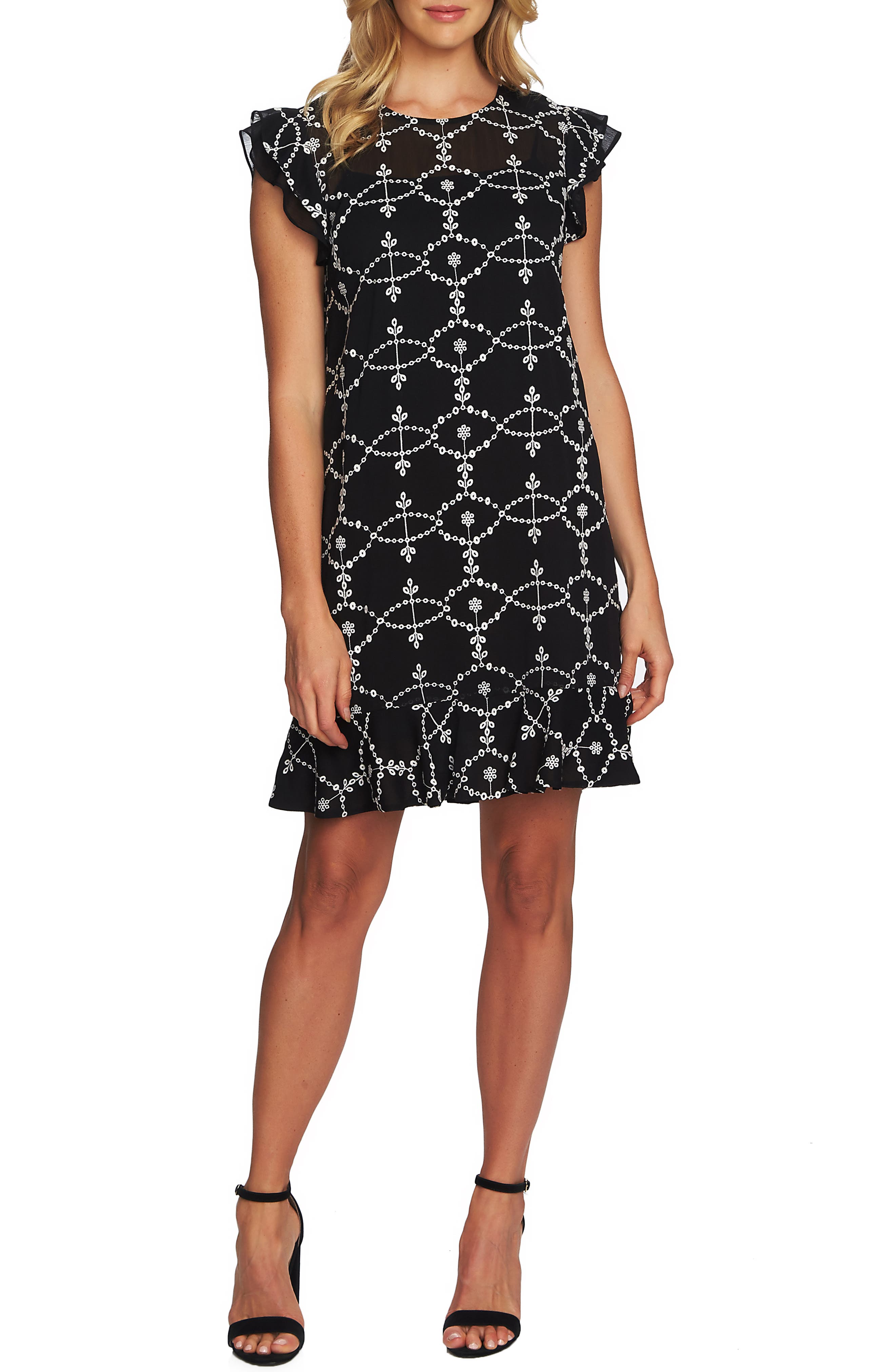 Cece Flutter Detail Embroidered Shift Dress, Black