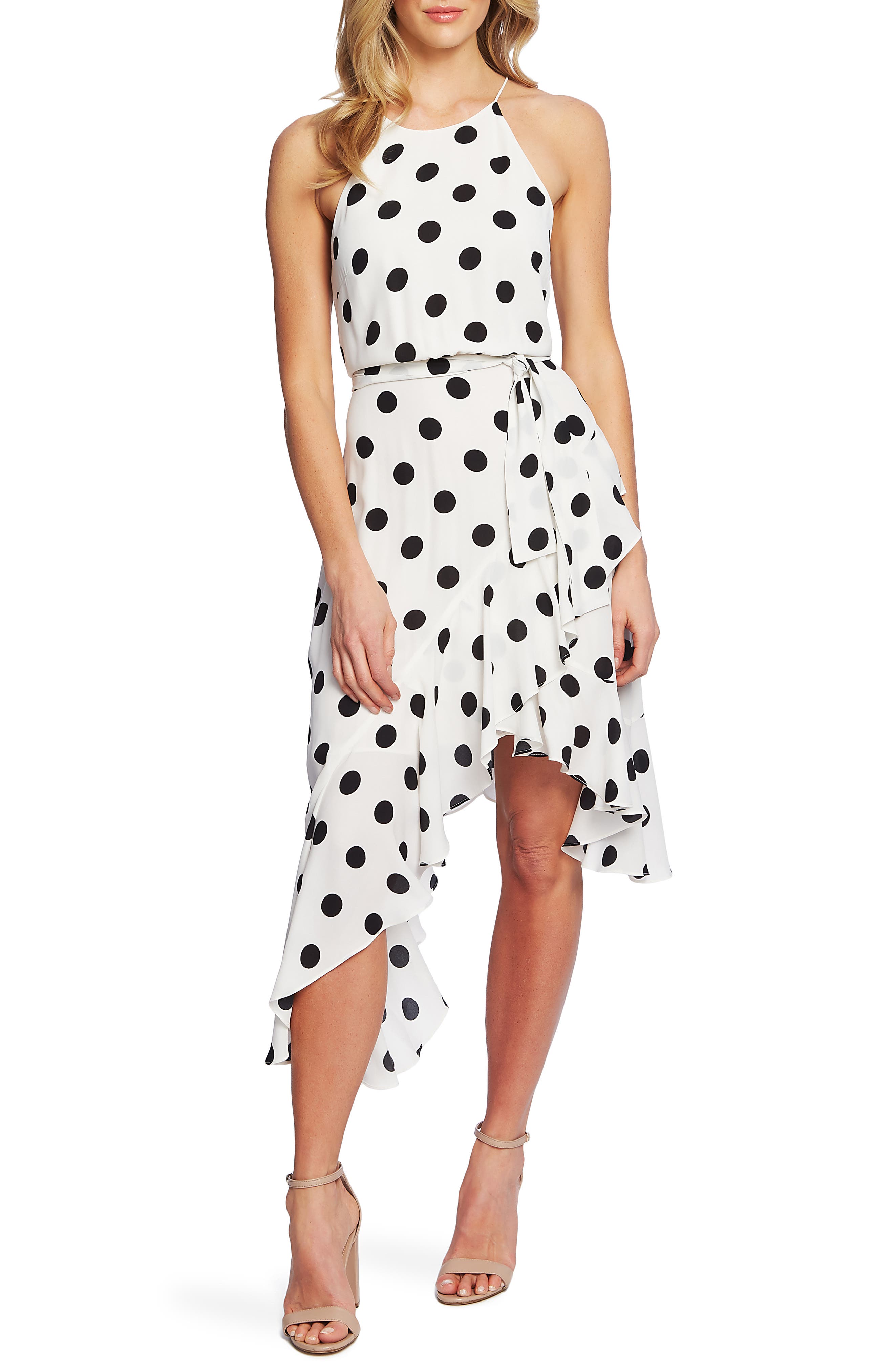 Cece Dappled Dot Cascade Ruffle Sleeveless Dress, Ivory