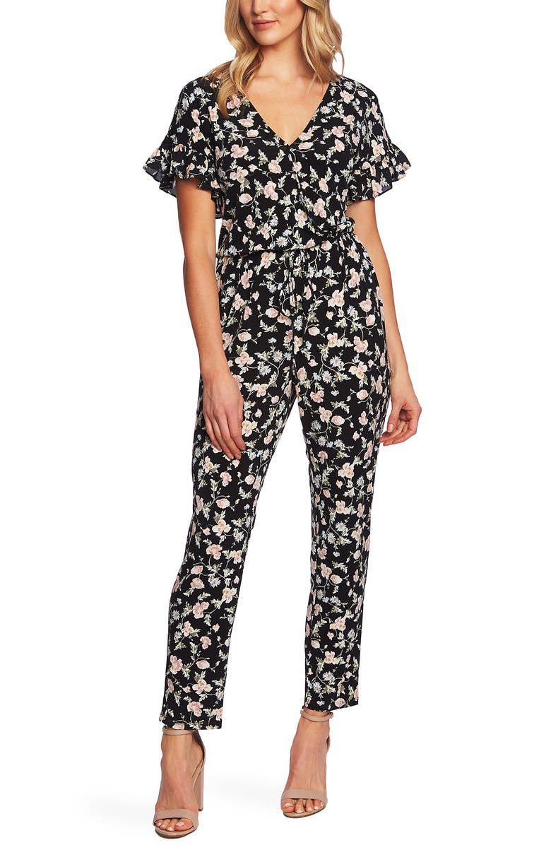 CECE Duchess Floral Print Faux Wrap Jumpsuit, Main, color, RICH BLACK