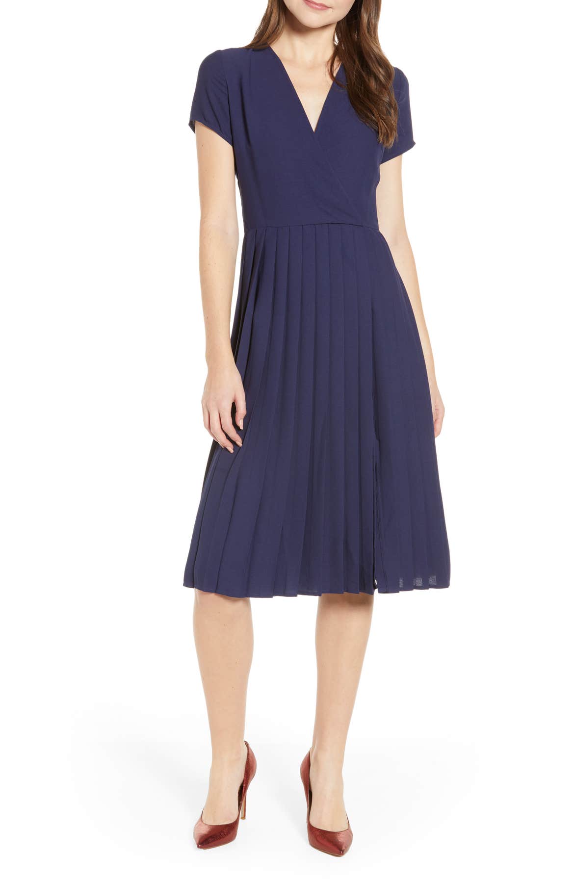LEITH Pleated Surplice Dress, Main, color, NAVY PEACOAT