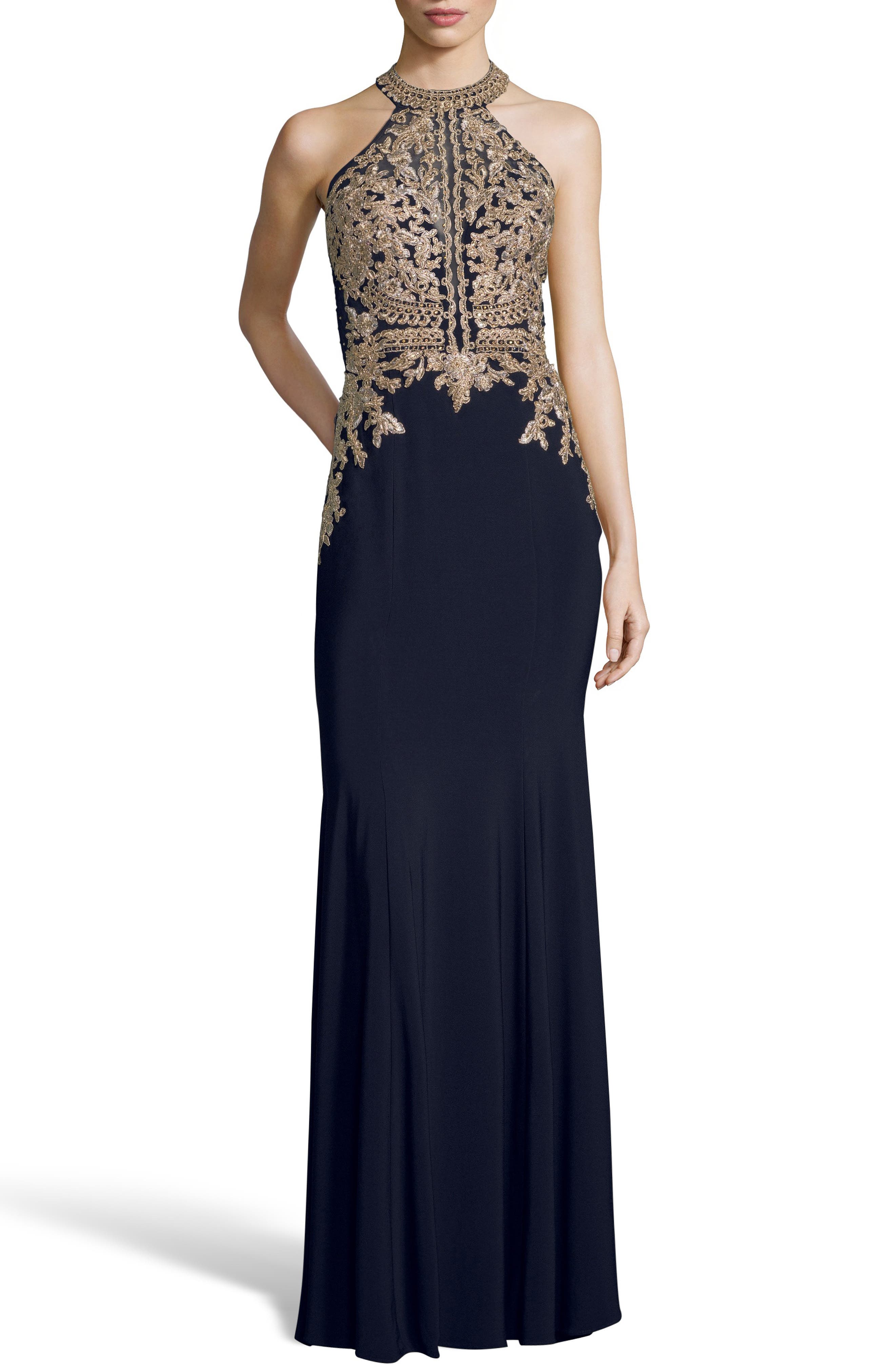 Xscape Lace Applique Open Back Evening Dress, Blue