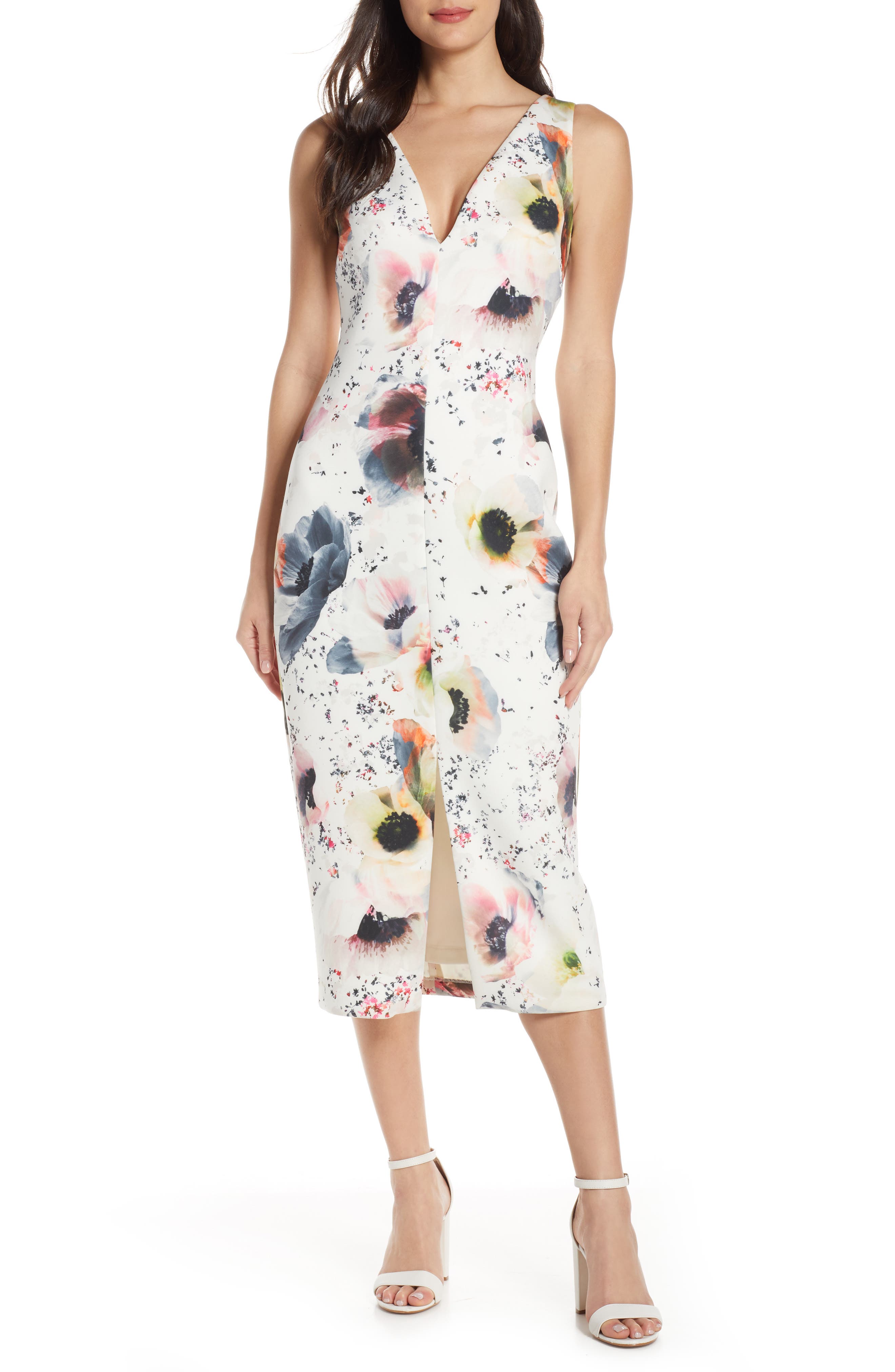 Badgley Mischka Floral Print Scuba Midi Dress, Ivory