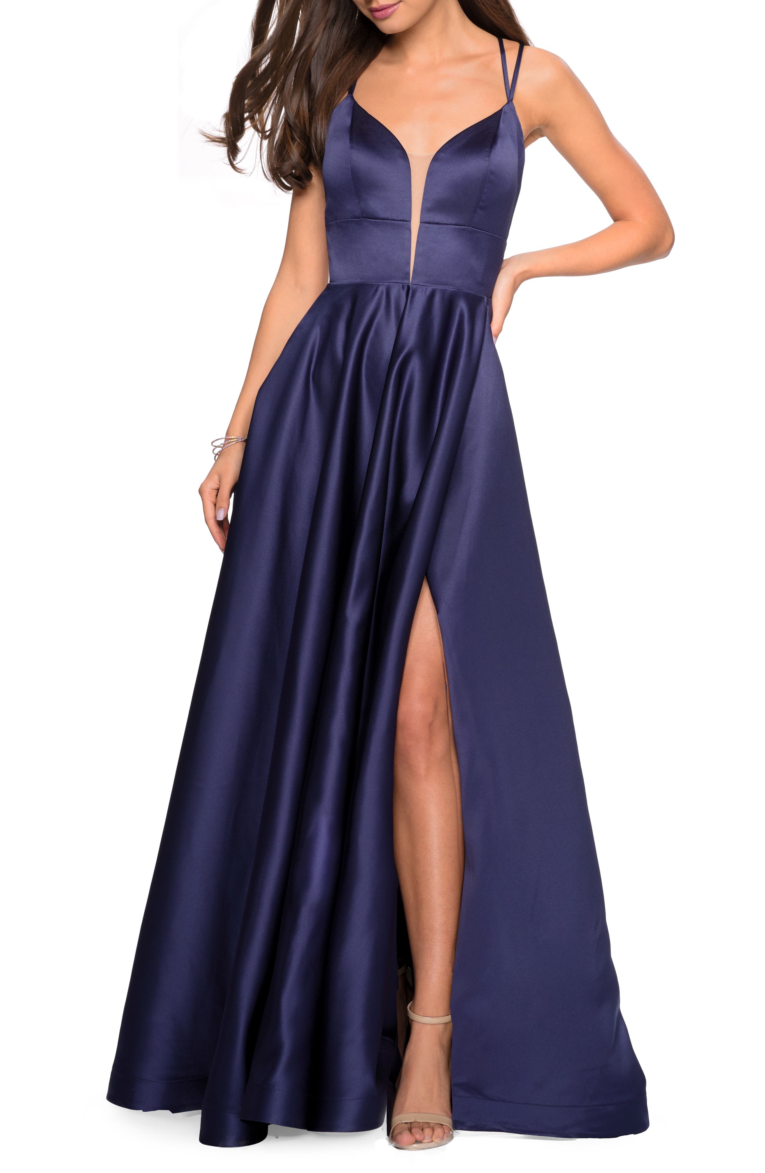 La Femme Strappy Back Satin Evening Dress, Blue