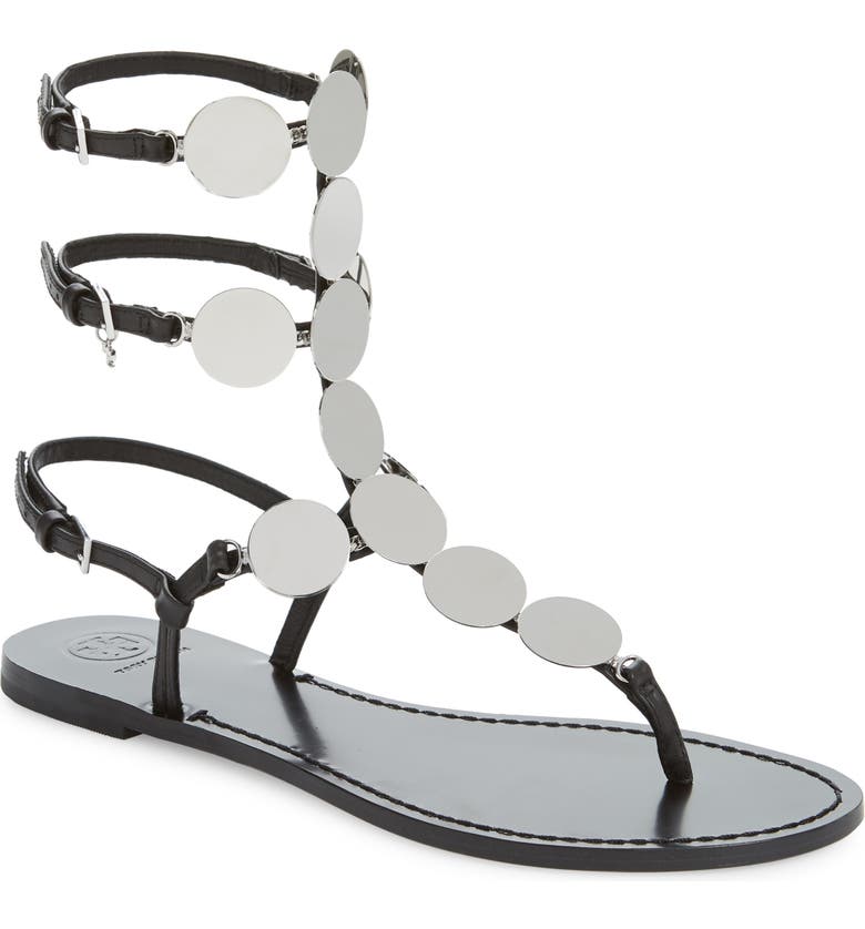 Shop Tory Burch Patos Disk Gladiator Sandal In Perfect Black/ Silver