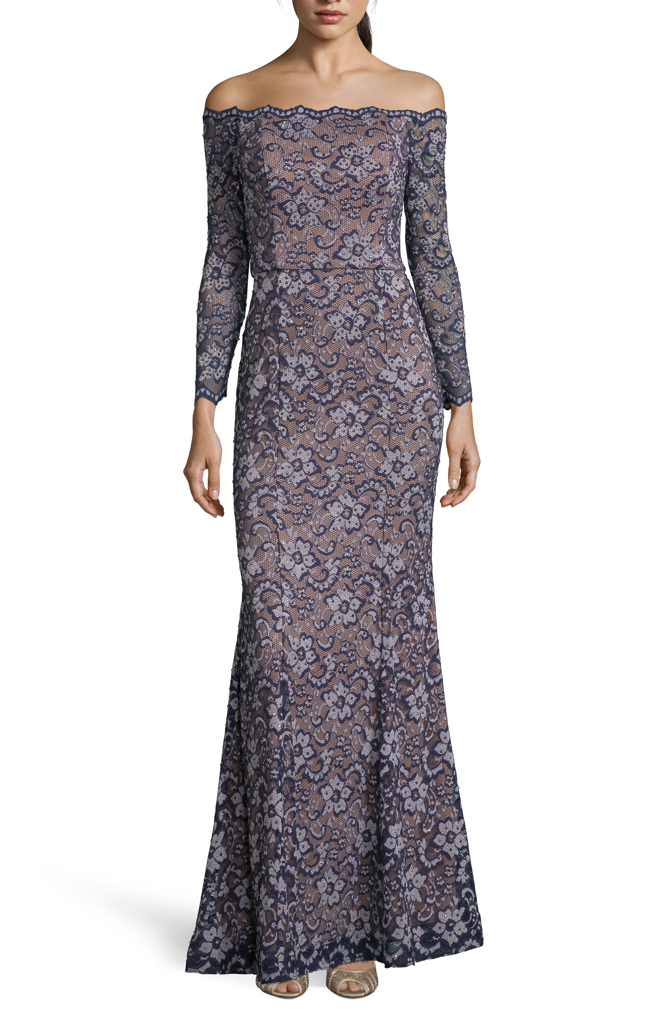 Xscape Off The Shoulder Lace Evening Dress, Blue
