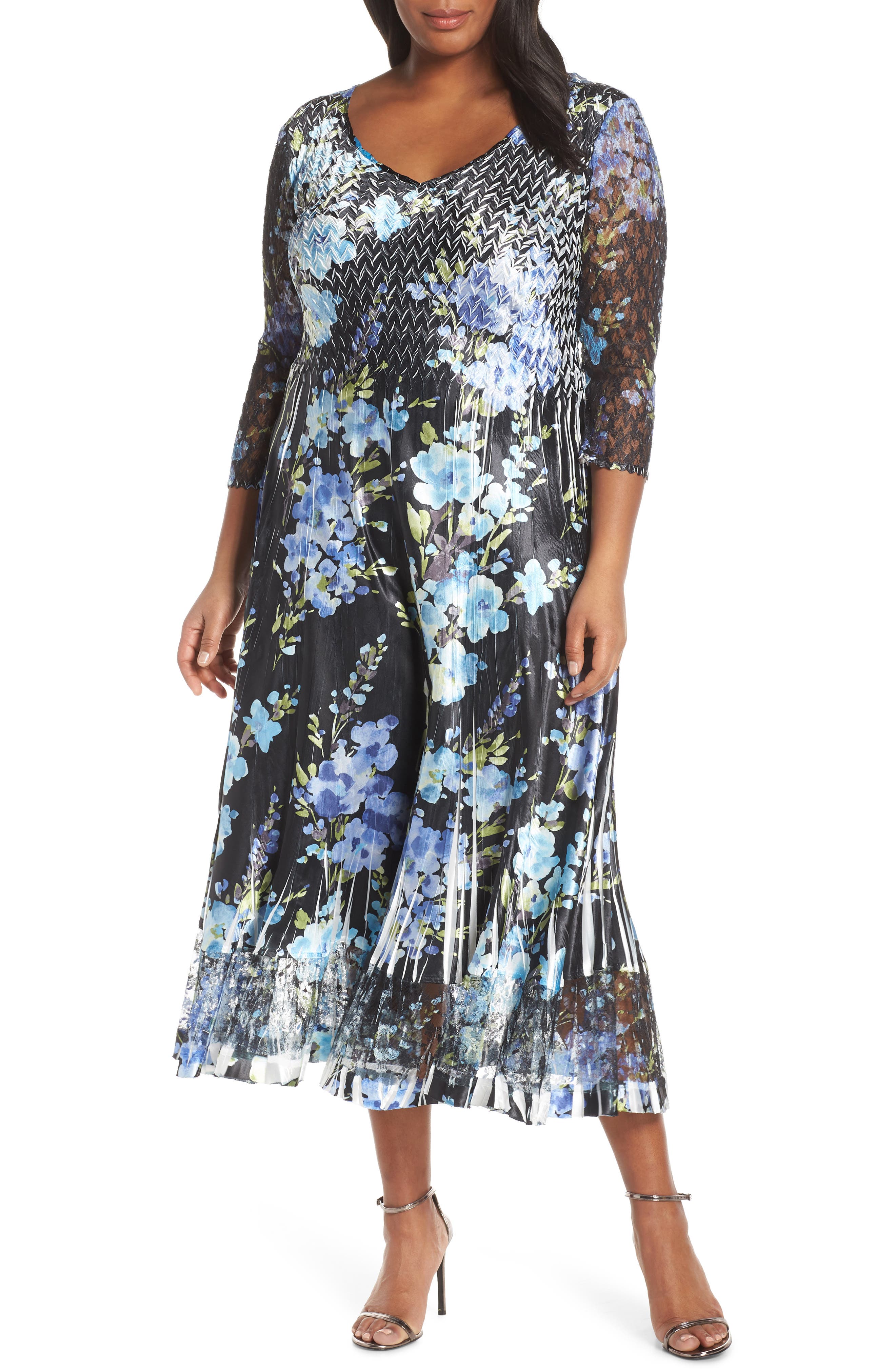 Plus Size Komarov Floral Print V-Neck Charmeuse Tea Length Dress, Black