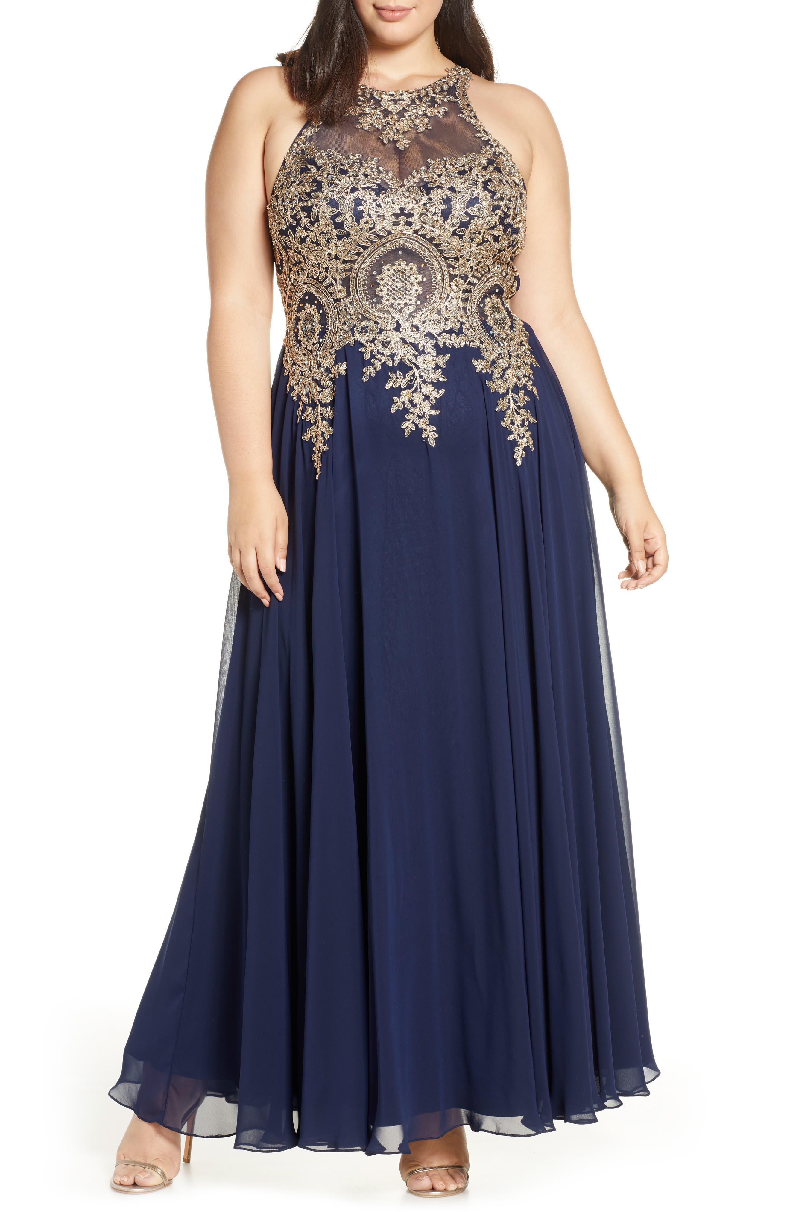 Plus Size Xscape Metallic Embroidered Gown, Blue