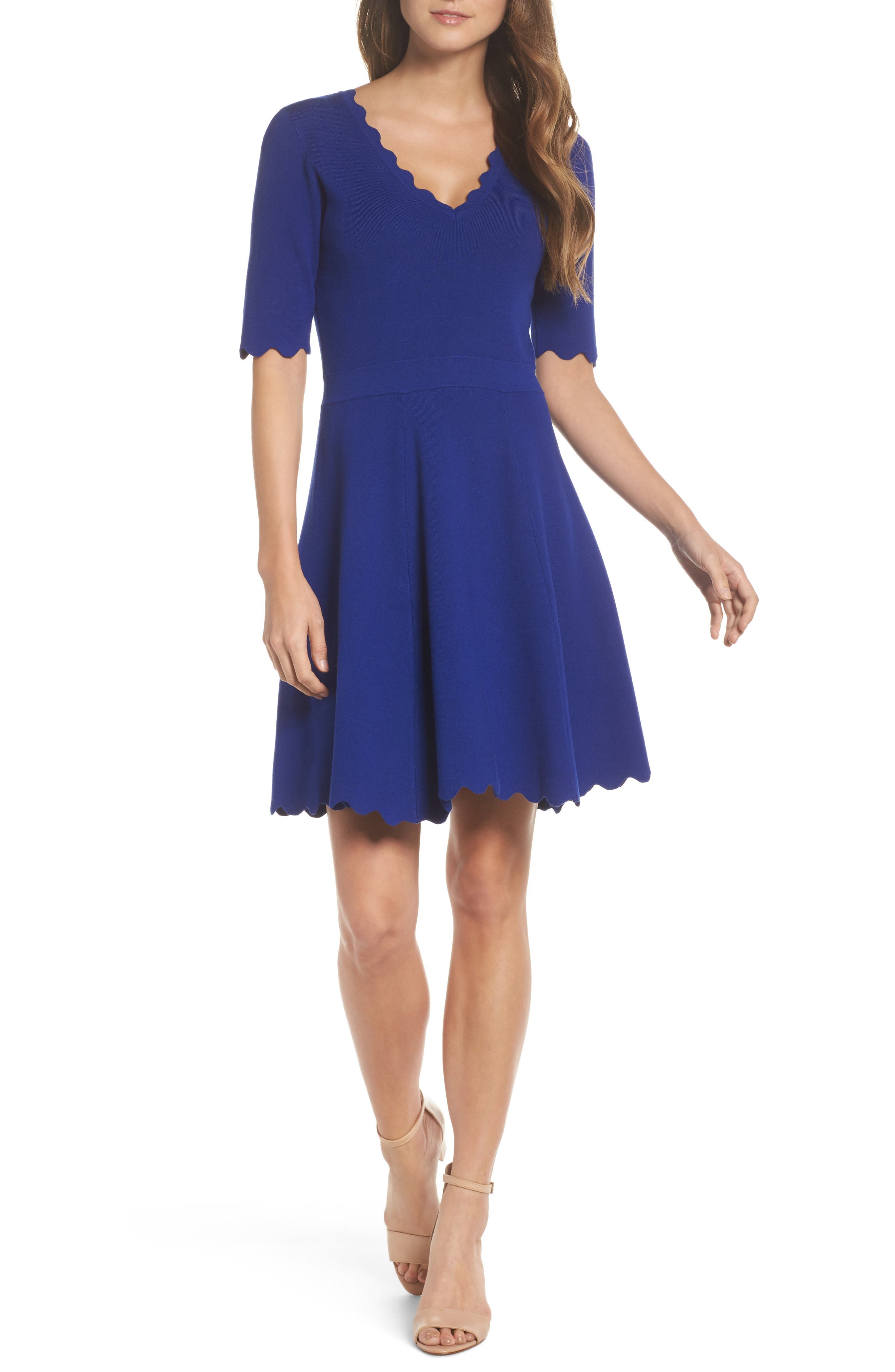 Eliza J Scallop Trim Fit & Flare Dress, Blue