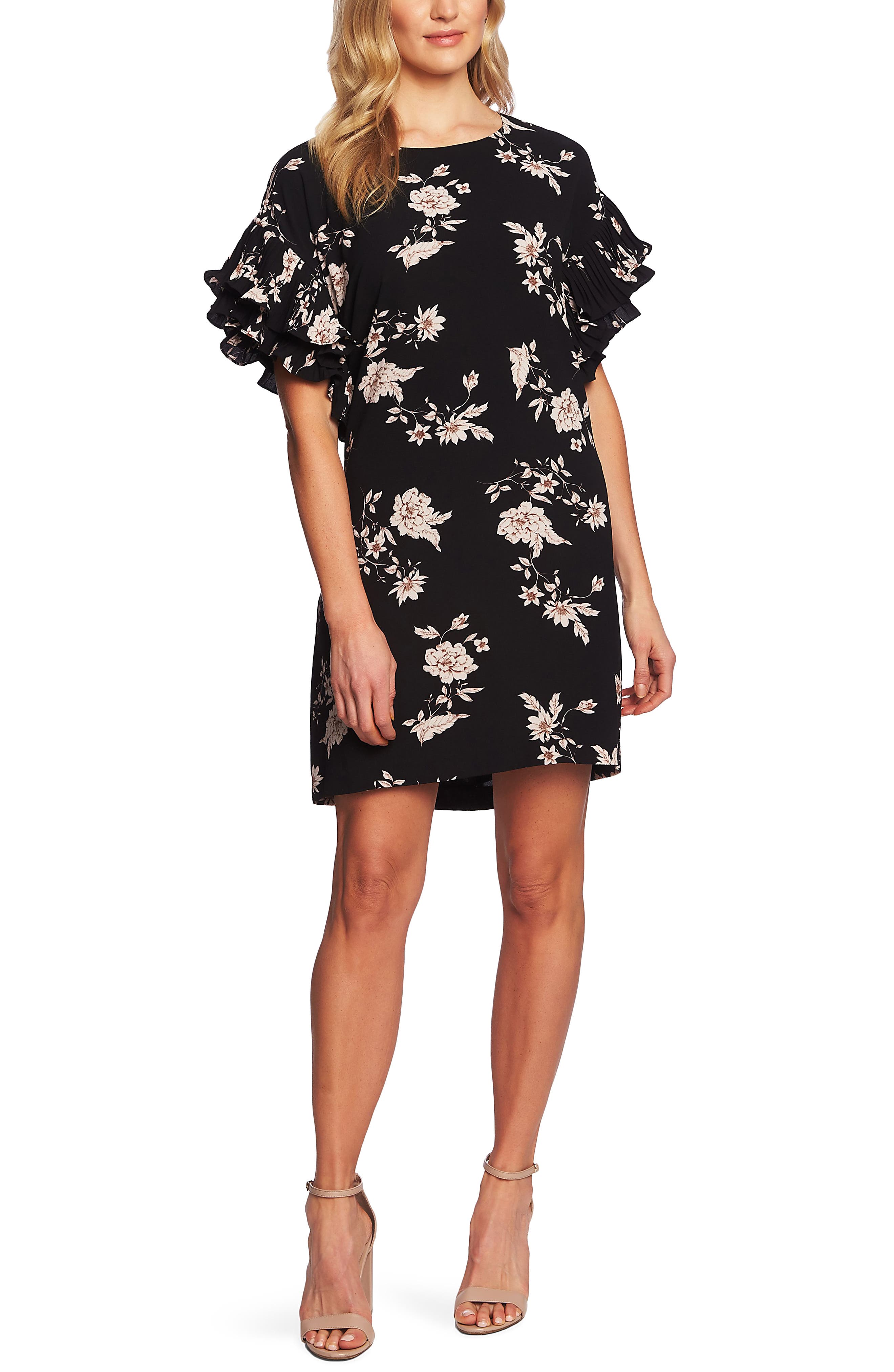Cece Etched Floral Shift Dress, Black