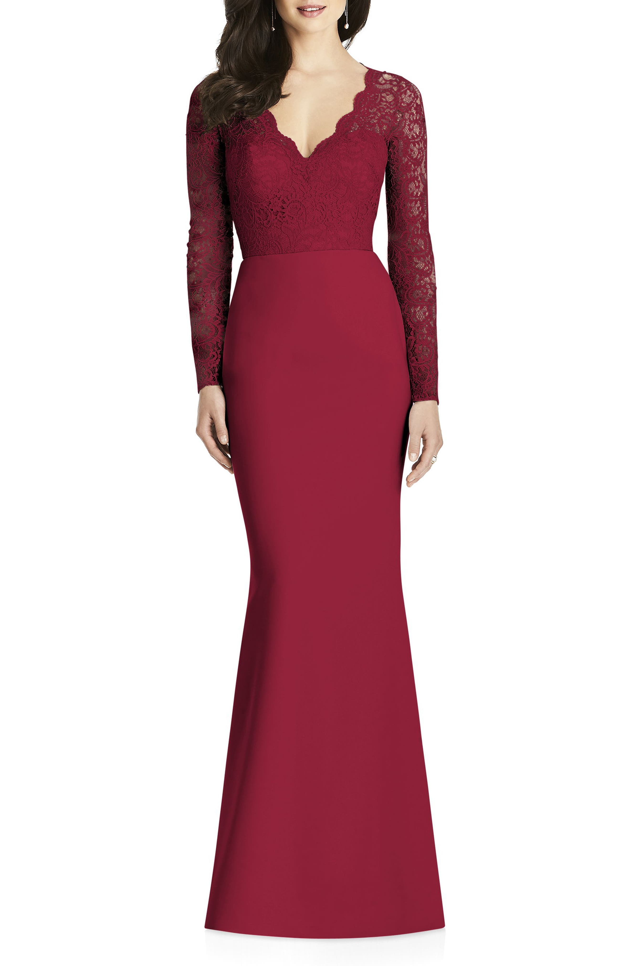 Dessy Collection Lace & Crepe Trumpet Gown, Burgundy