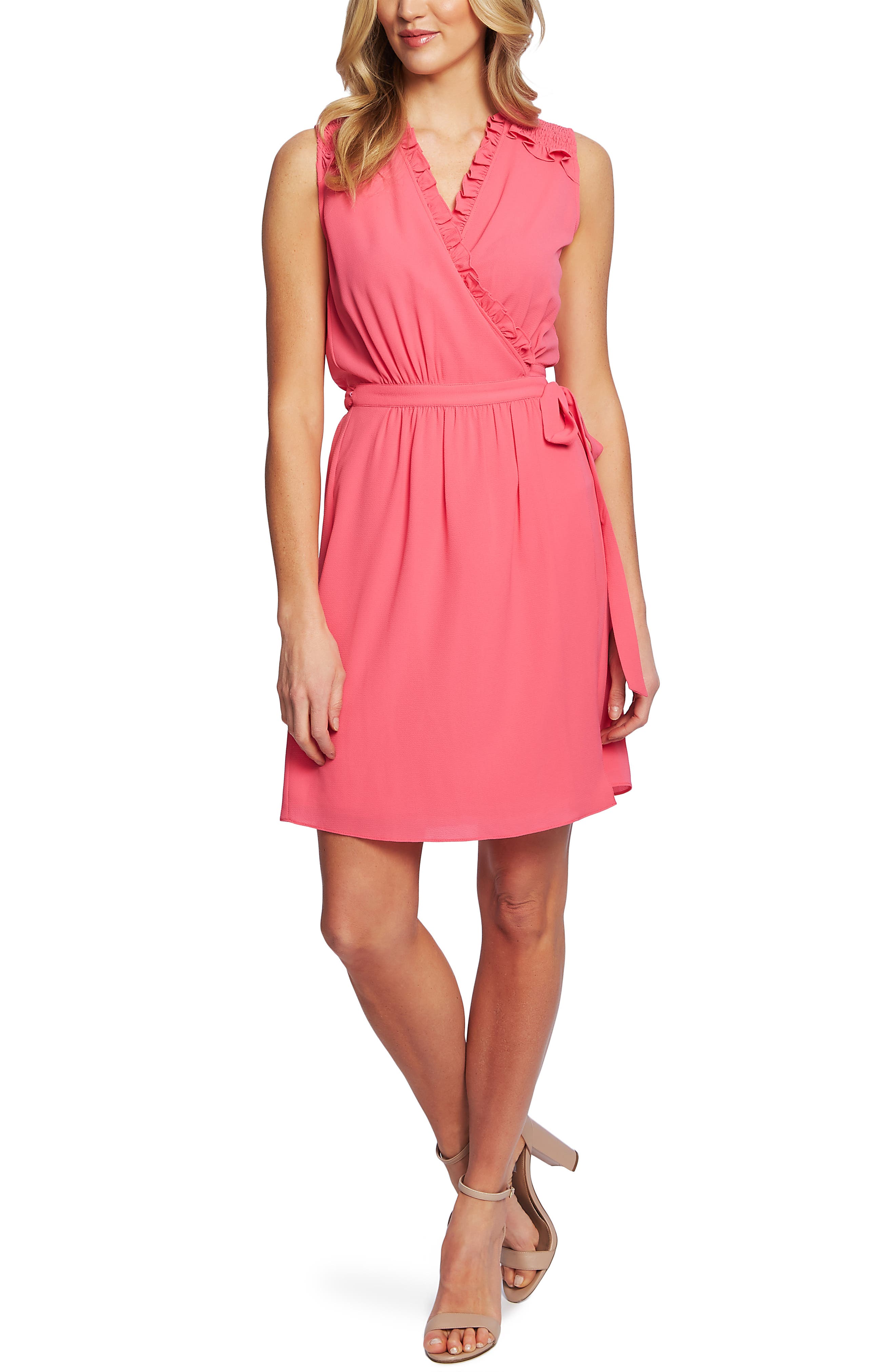 Cece Ruffle Trim Sleeveless Wrap Dress, Pink