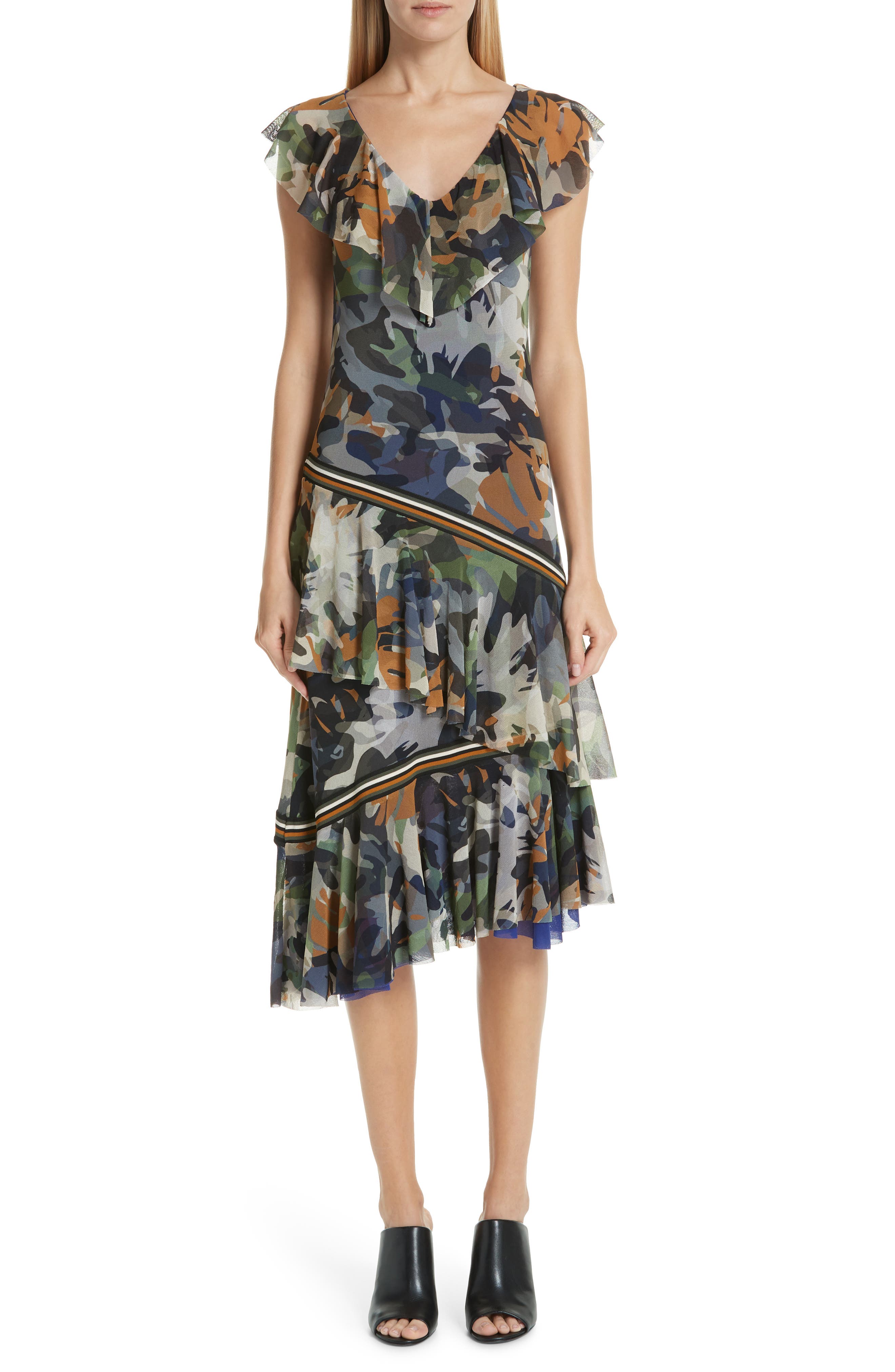 Fuzzi Camo Print Tulle Ruffle Dress, Grey