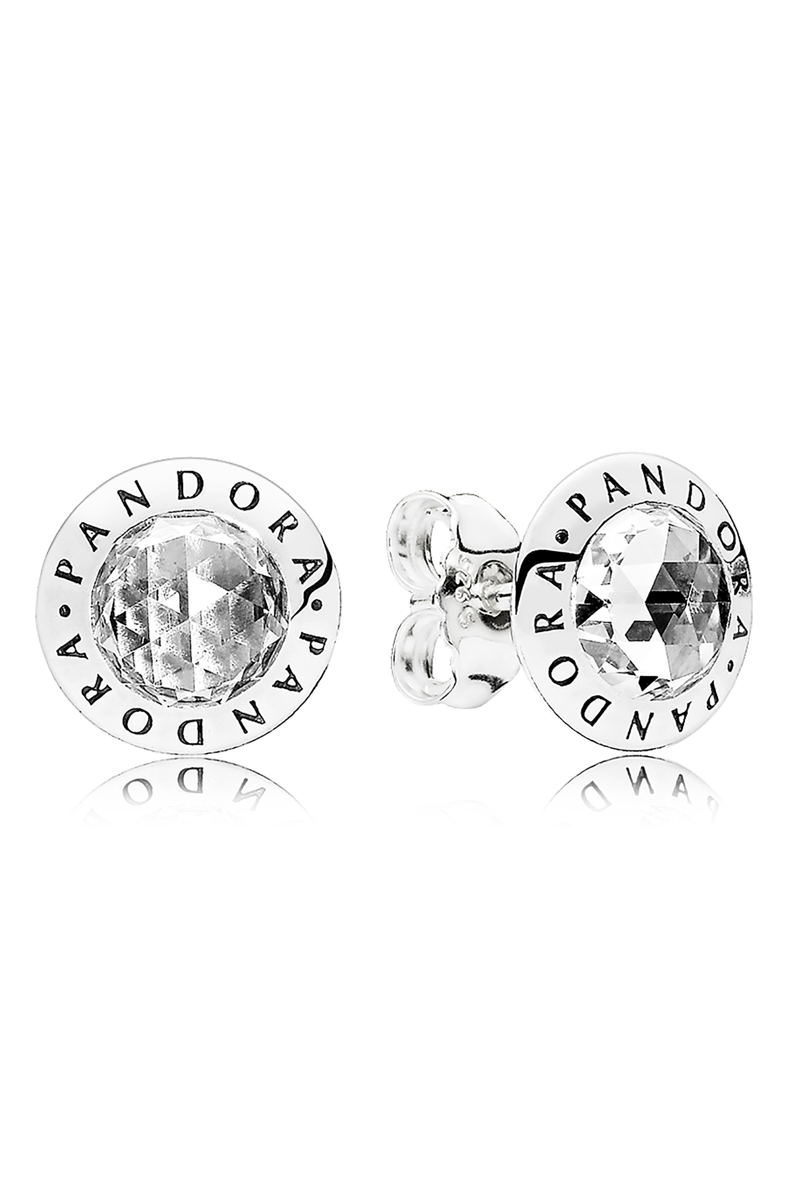 PANDORA Radiant Logo Stud Earrings, Main, color, SILVER
