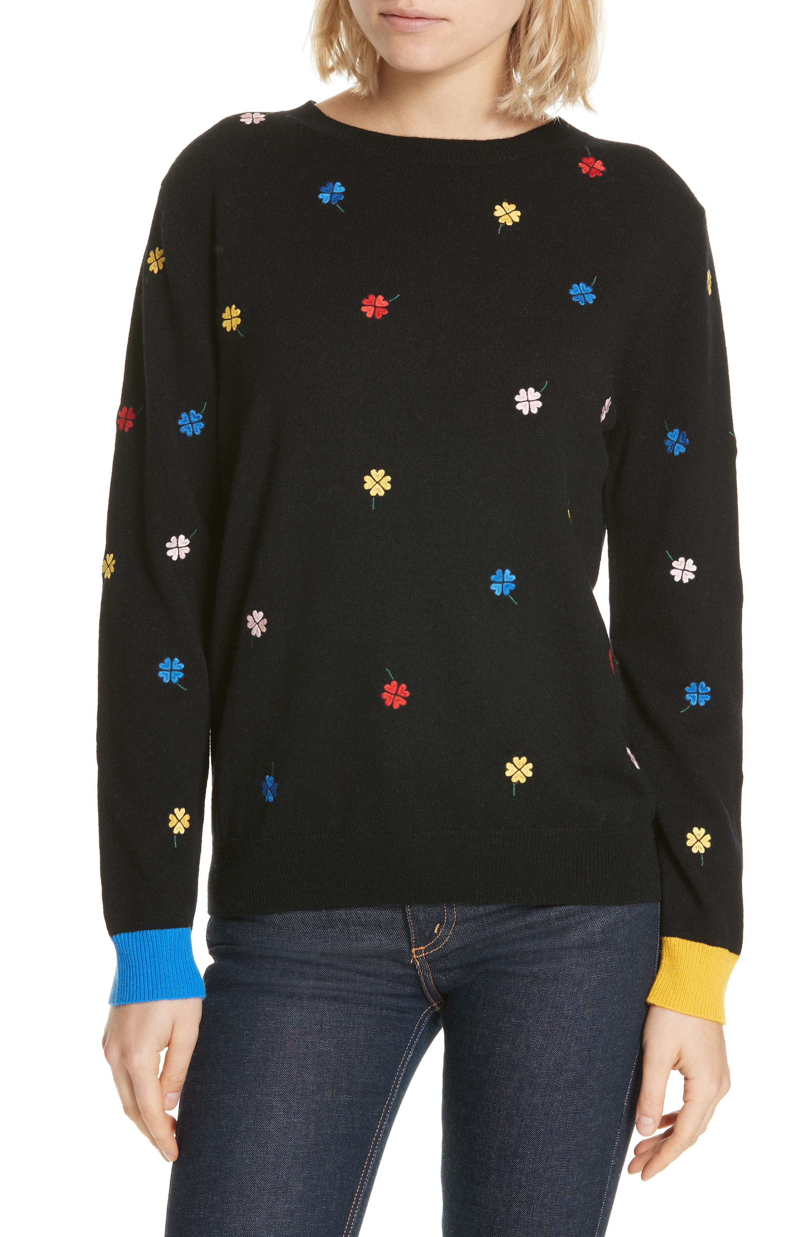 Chinti & Parker Embroidered Clover Cashmere & Wool Sweater, Black