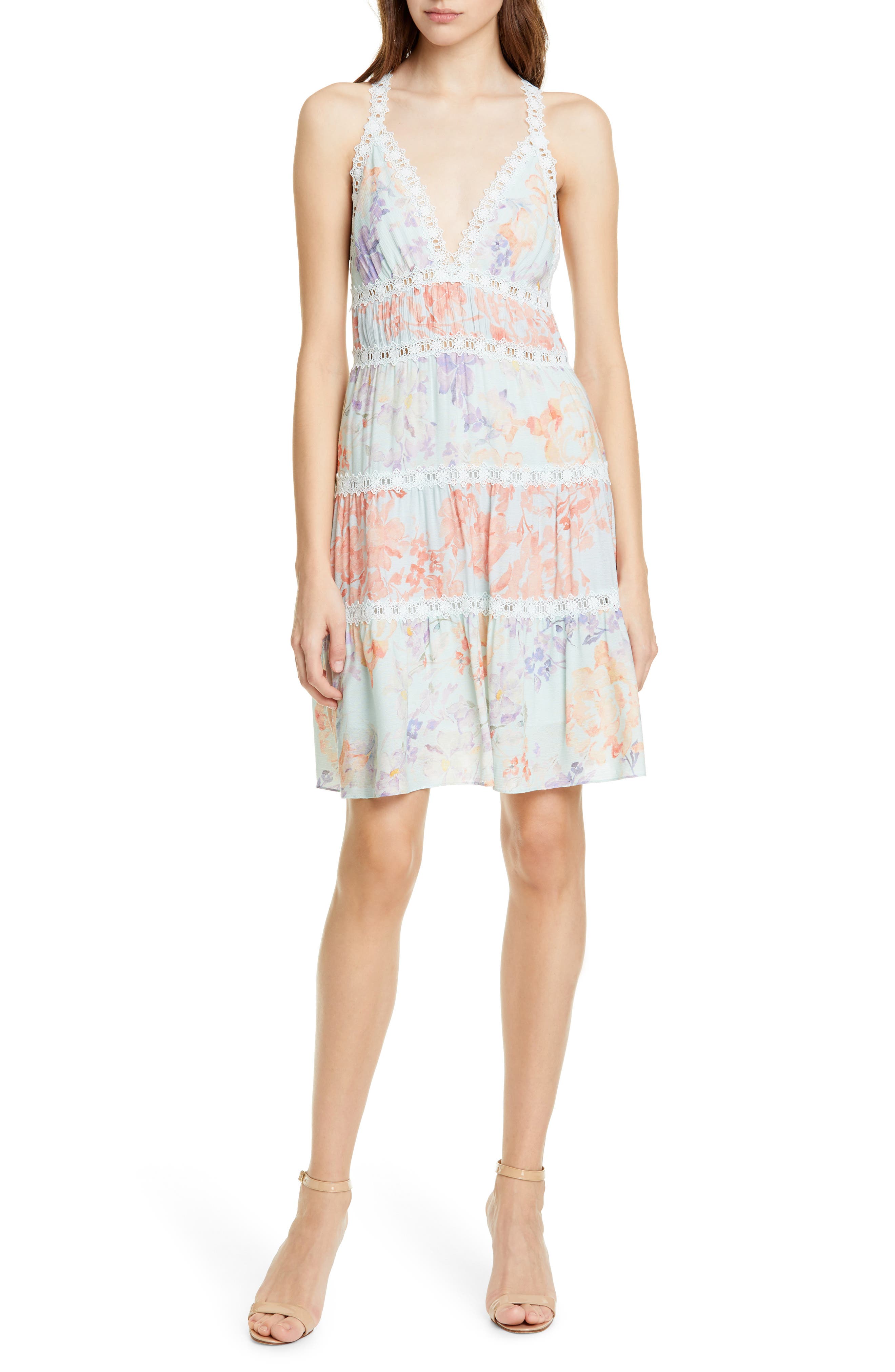 Alice + Olivia Karolina Lace Trim Halter Neck Minidress, Blue