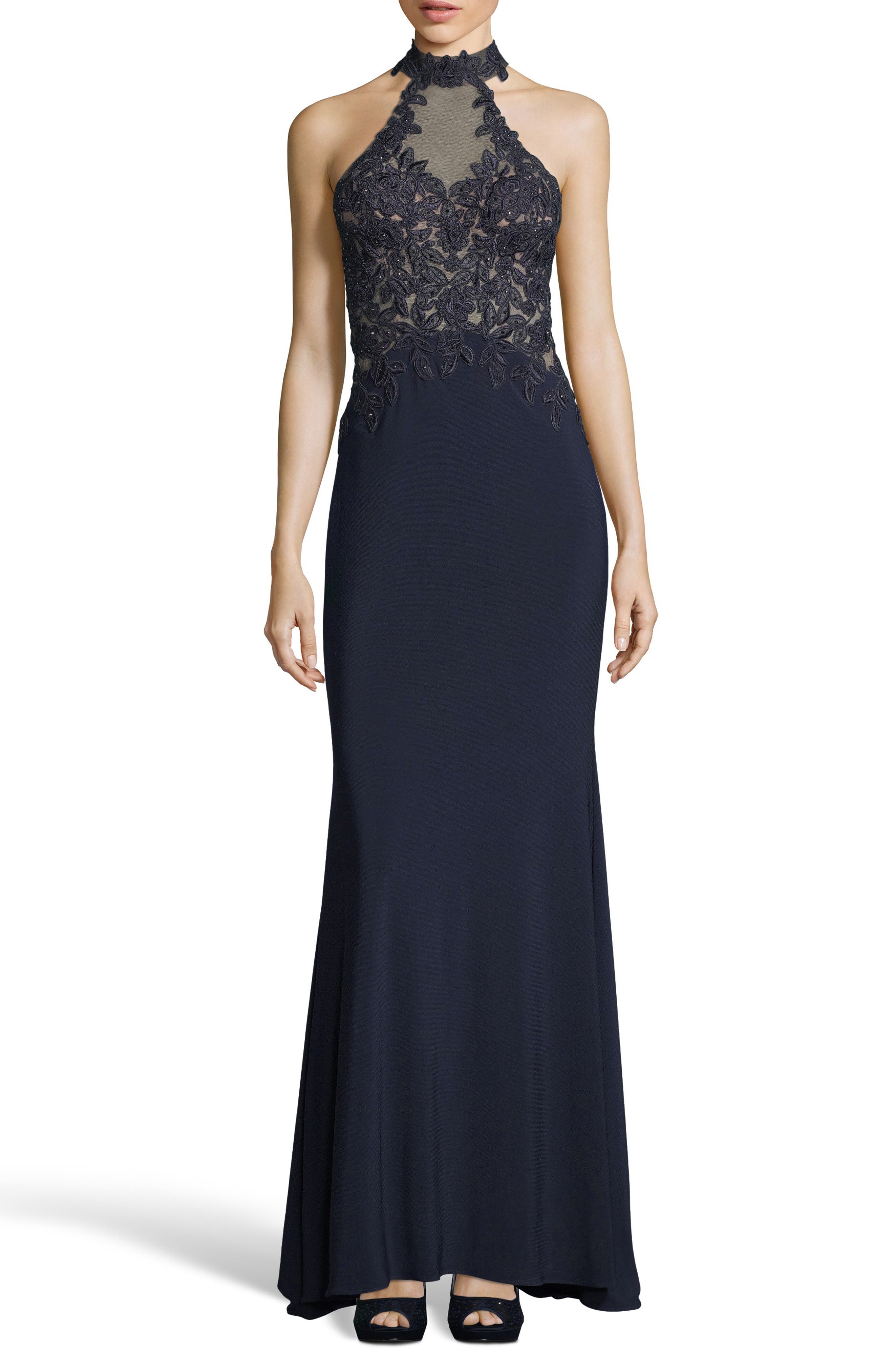 Xscape Embroidered High Neck Illusion Maxi Dress, Blue