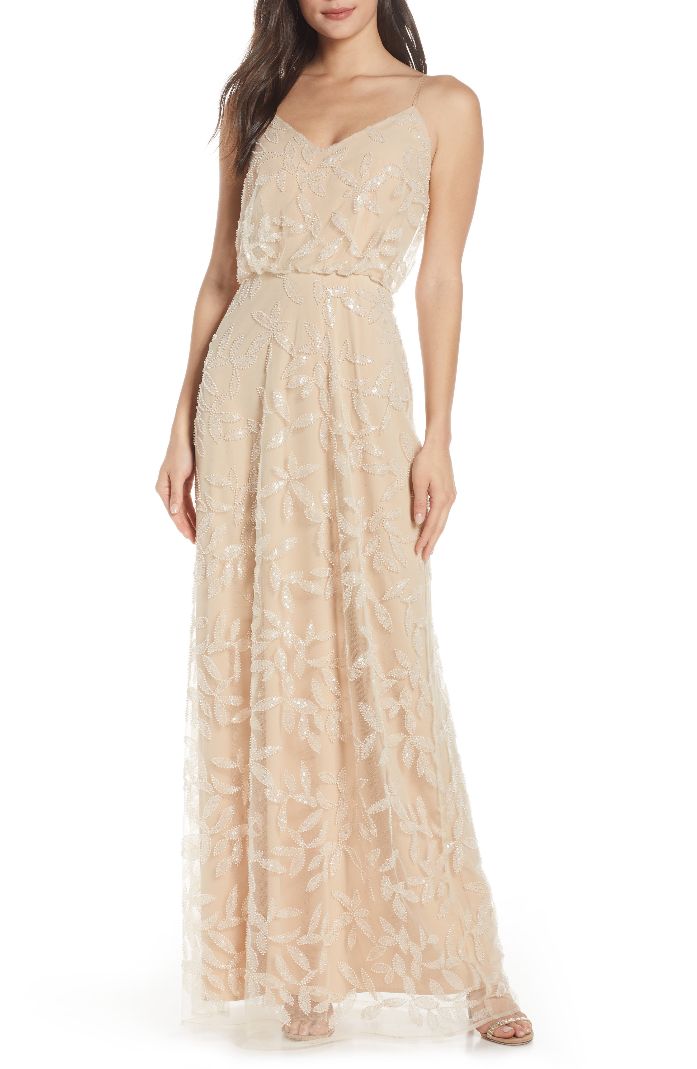 Wayf The Savannah Blouson Beaded Mesh Evening Dress, Beige