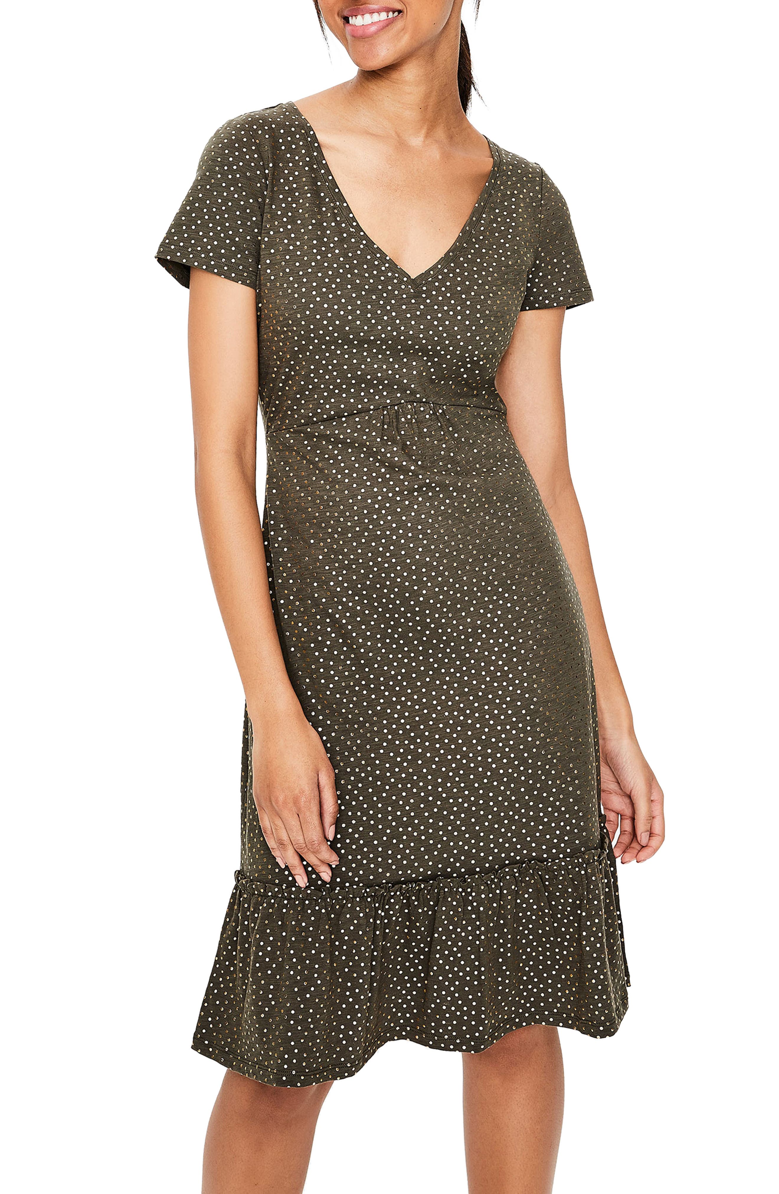 Petite Boden Melissa Foiled Dot Jersey Dress, Green