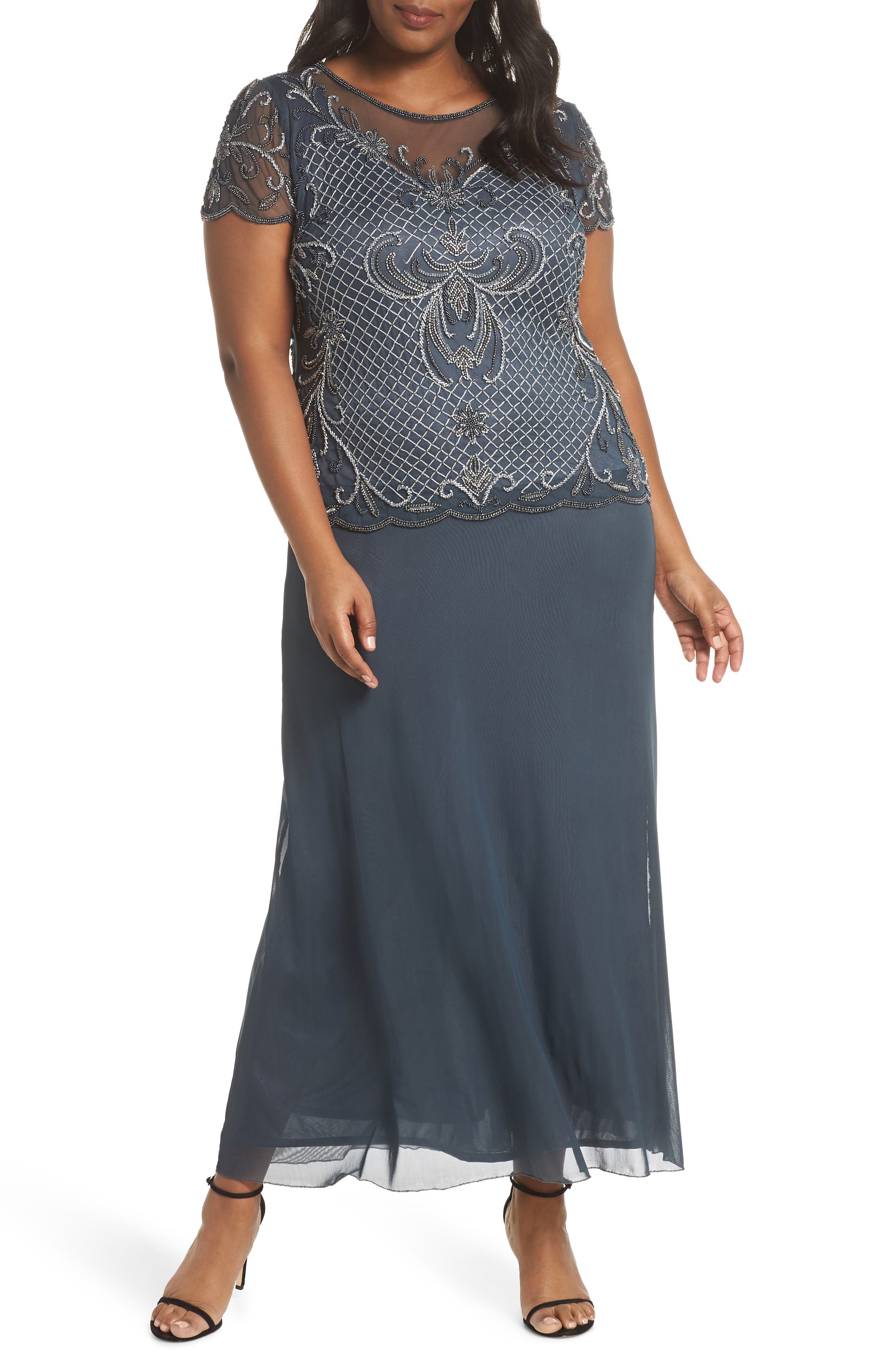 Plus Size Pisarro Nights Mock Two-Piece Beaded Bodice Evening Dress, Grey
