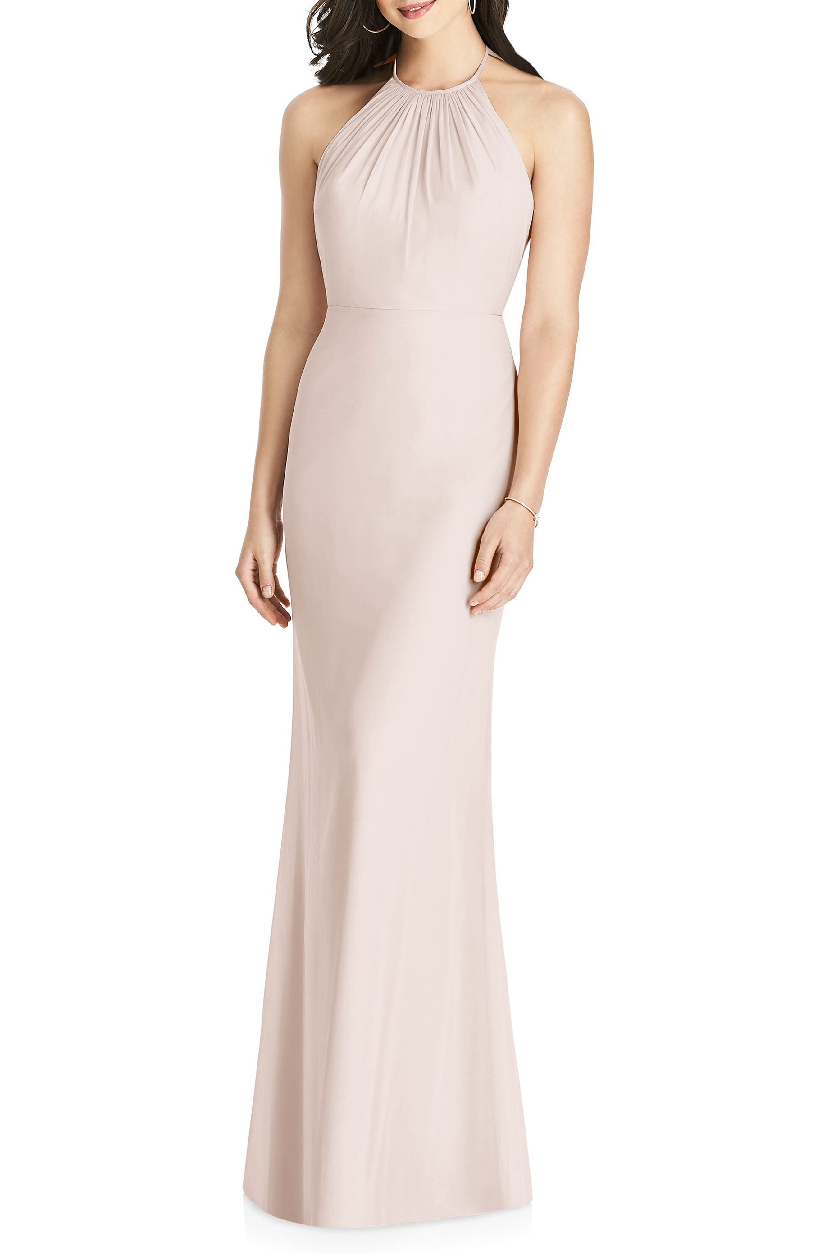 Dessy Collection Ruffle Back Chiffon Halter Gown, Pink