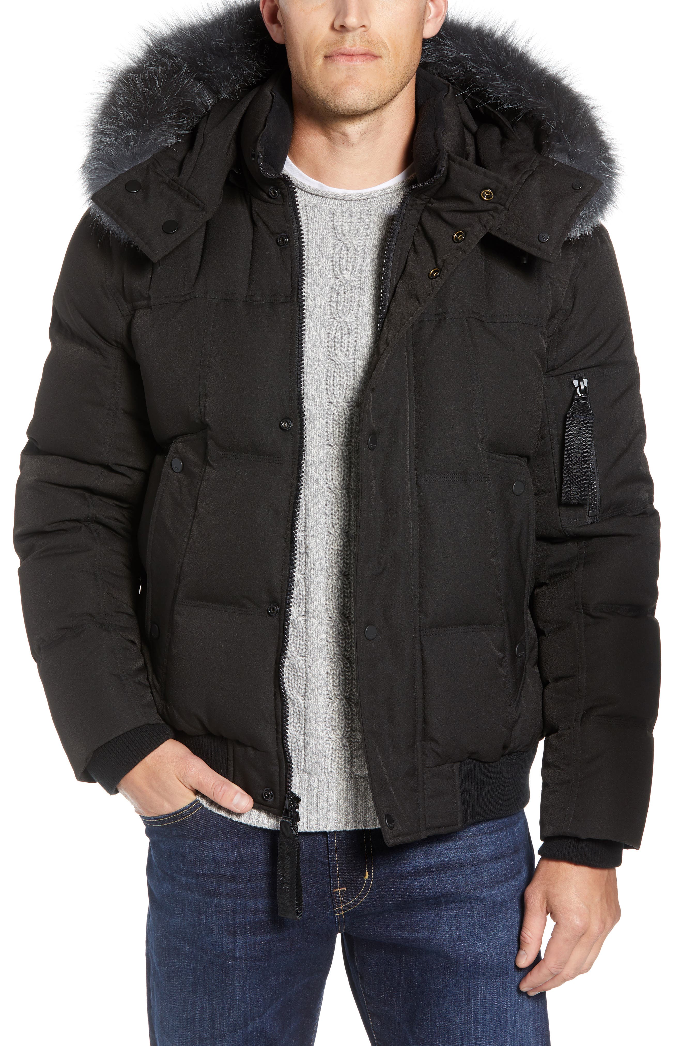Andrew Marc Bennett Genuine Fox Fur Trim Down Bomber Jacket