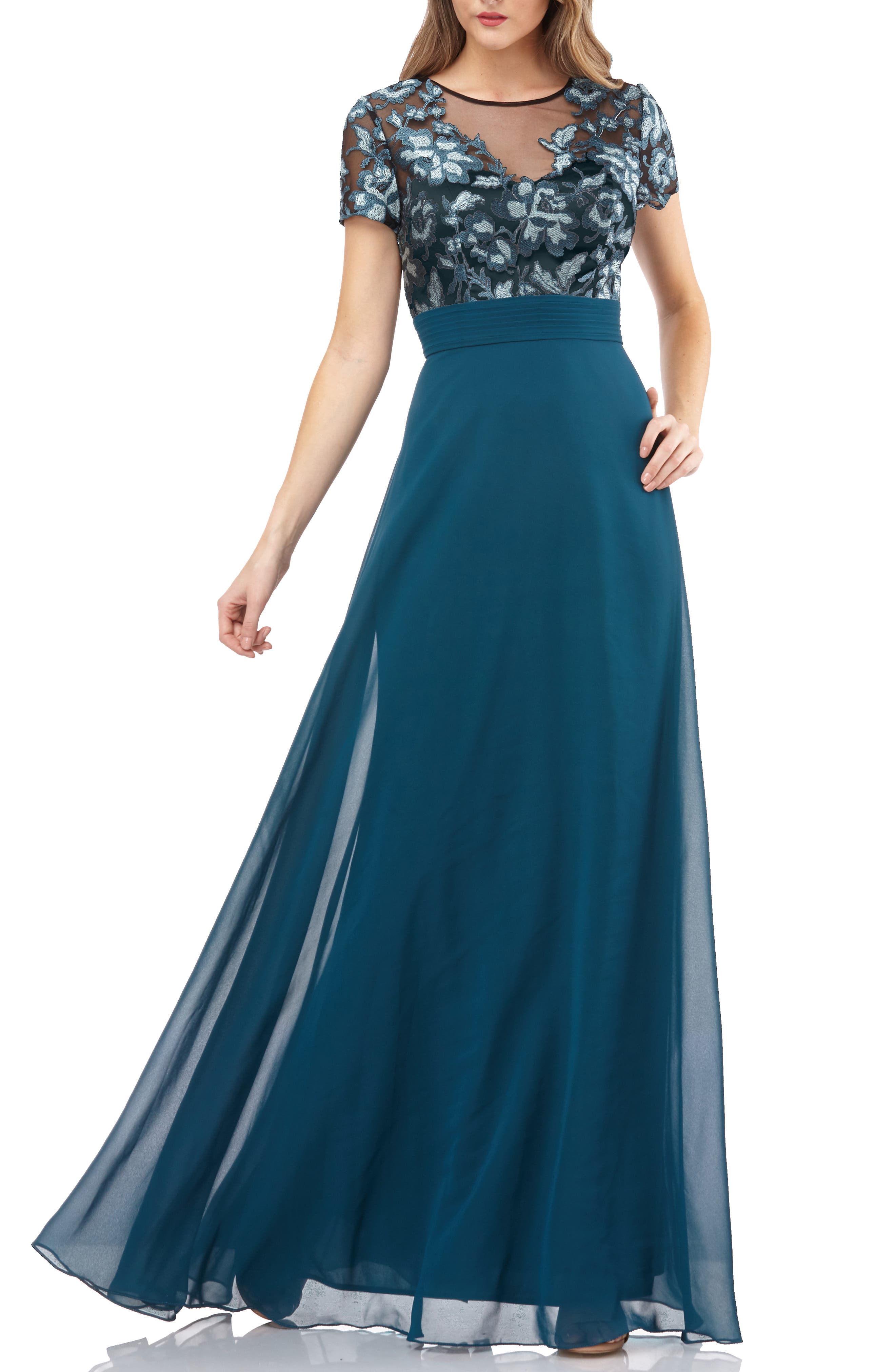 Js Collections Short Sleeve Embroidered Bodice Evening Dress, Green
