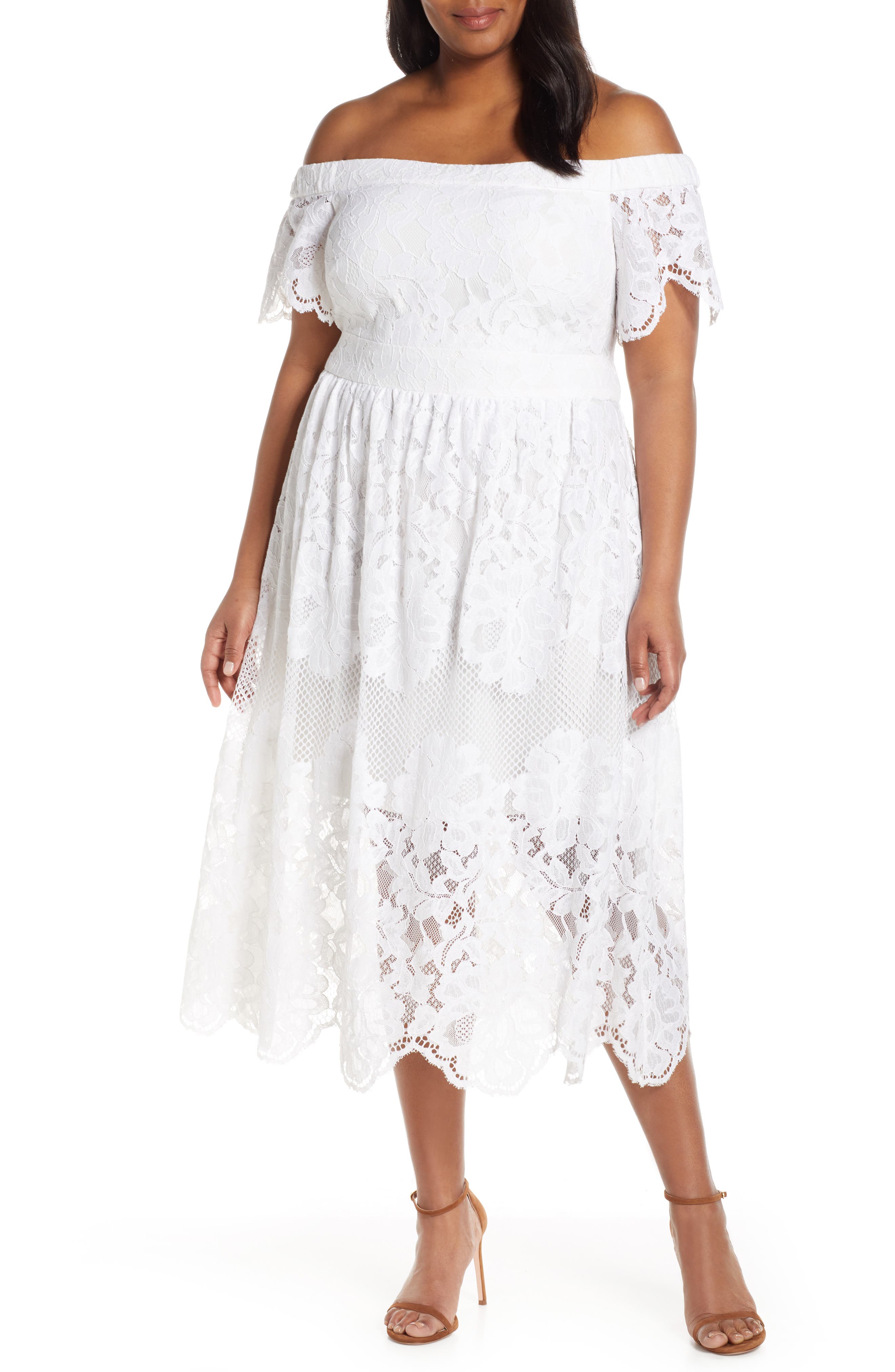 Plus Size Vince Camuto Off The Shoulder Lace Midi Dress, Ivory