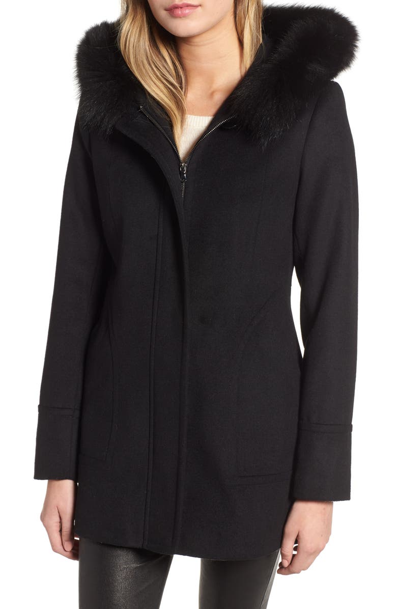 Kristen Blake Genuine Fox Fur Trim Hooded Wool Coat (Regular & Petite ...