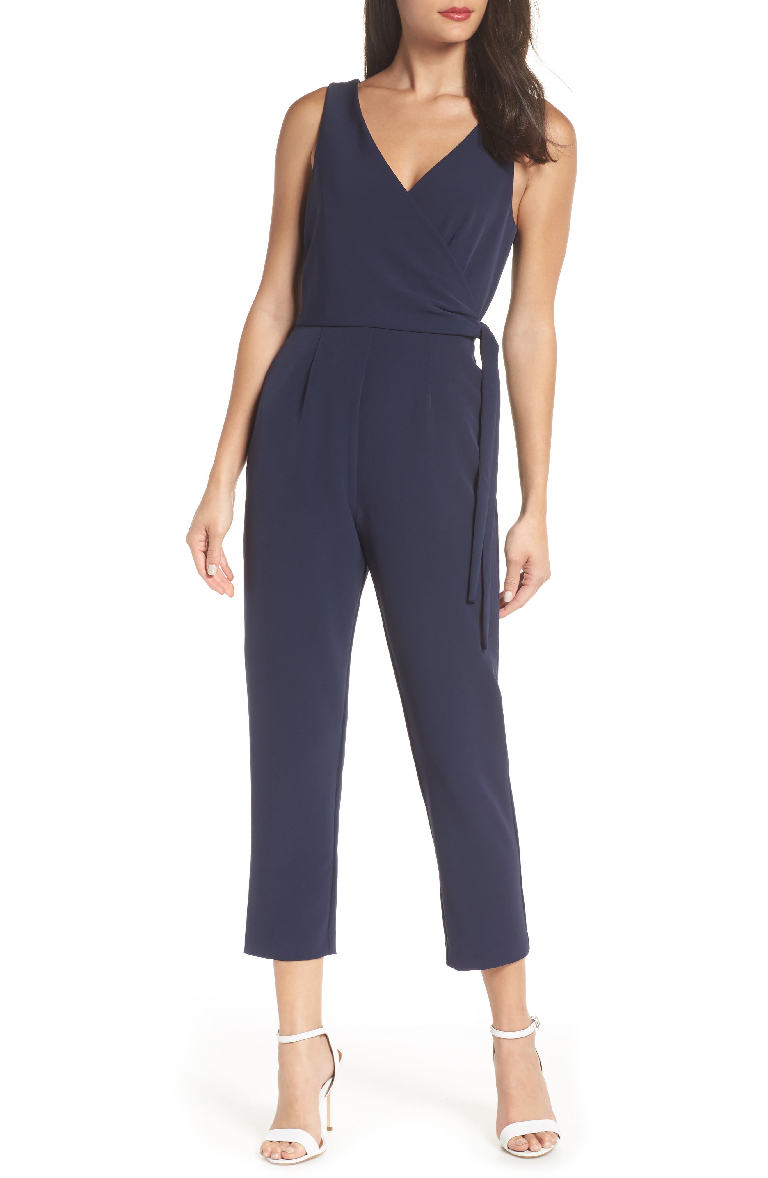 Petite Charles Henry Tie Front Sleeveless Jumpsuit, Blue