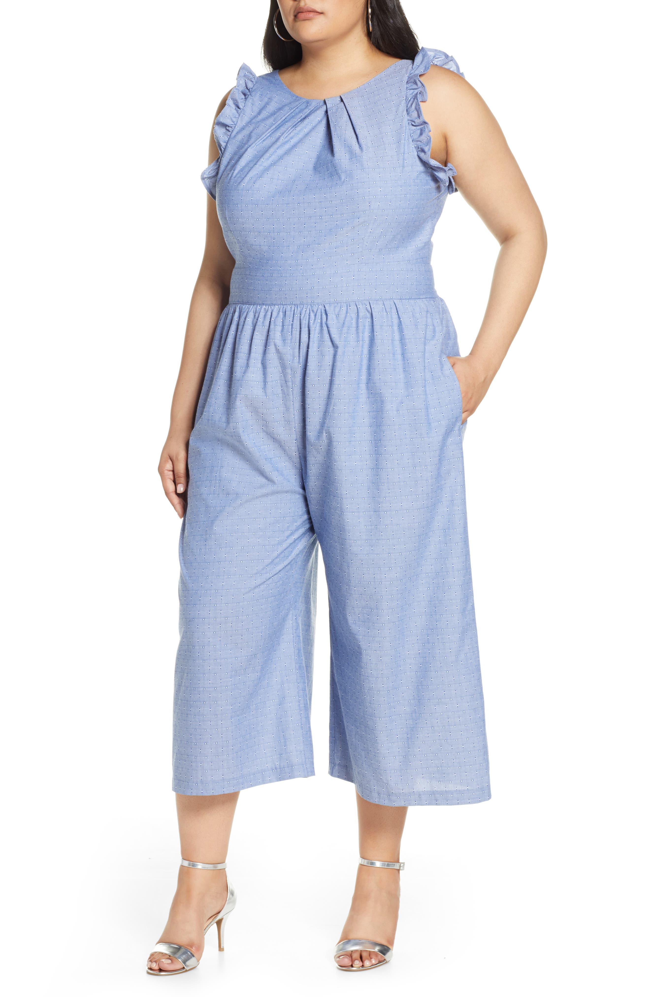 1901 Pleat Neck Crop Cotton Jumpsuit (Plus Size) Nordstrom