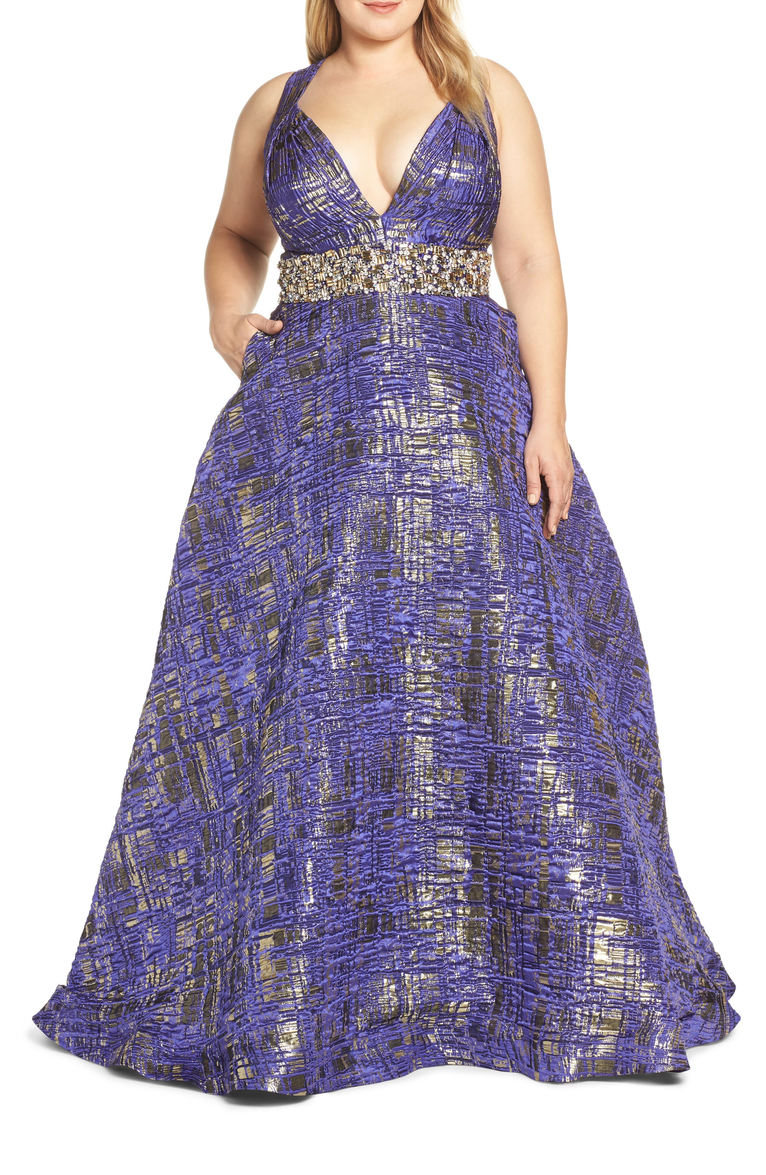 Plus Size MAC Duggal Rhinestone Waist Metallic Print Evening Dress, Purple