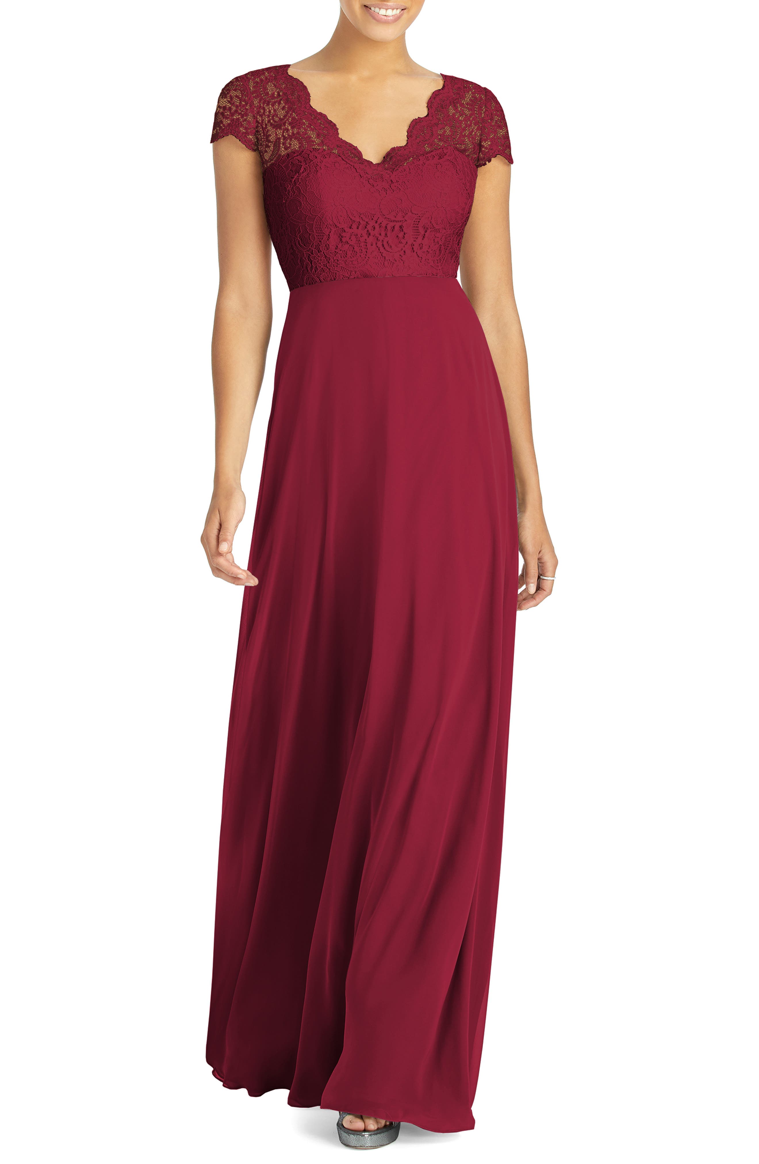 Dessy Collection Cap Sleeve Lace & Chiffon Gown, Burgundy