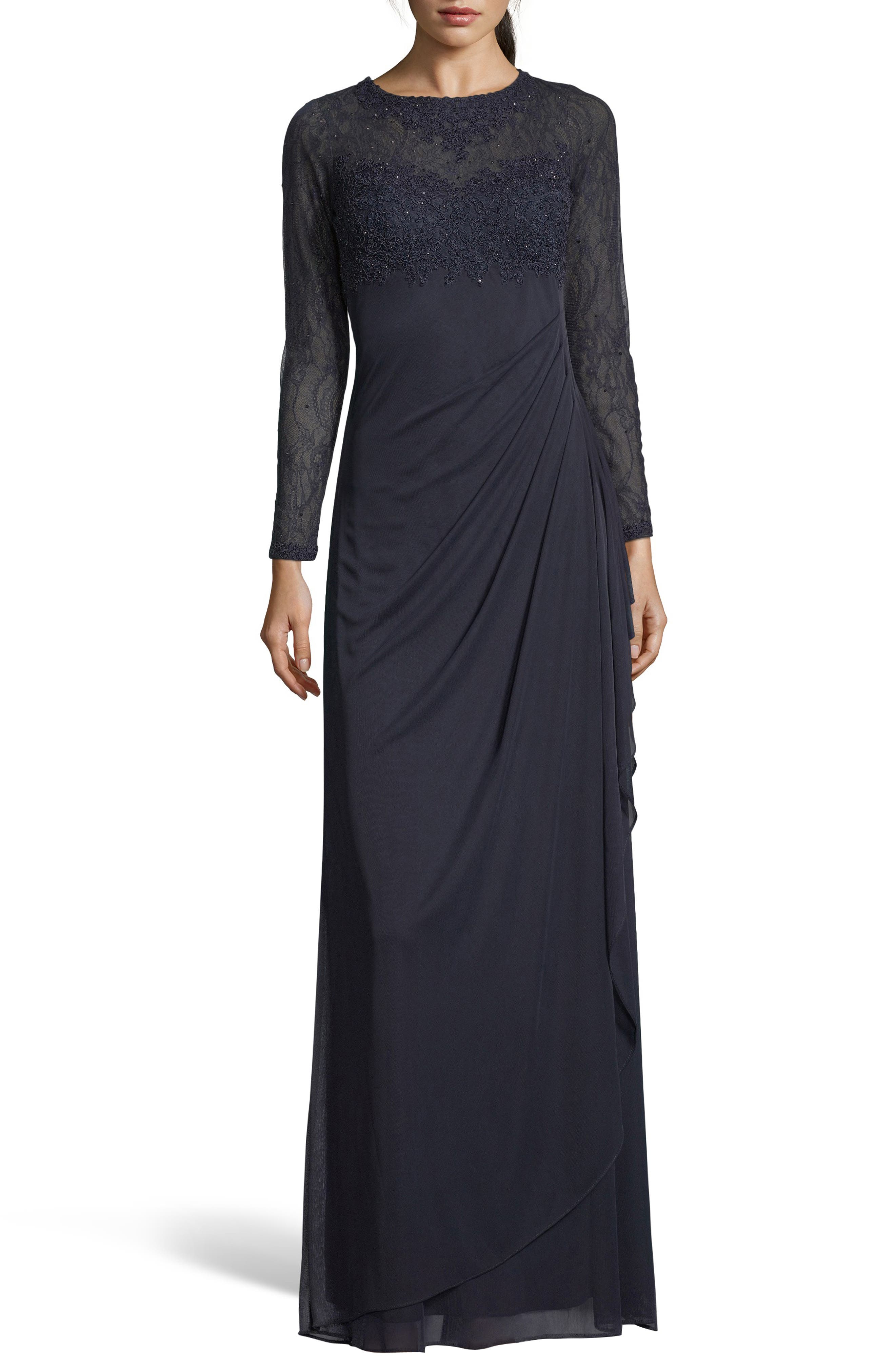 Xscape Lace Bodice Ruched Evening Dress, Blue