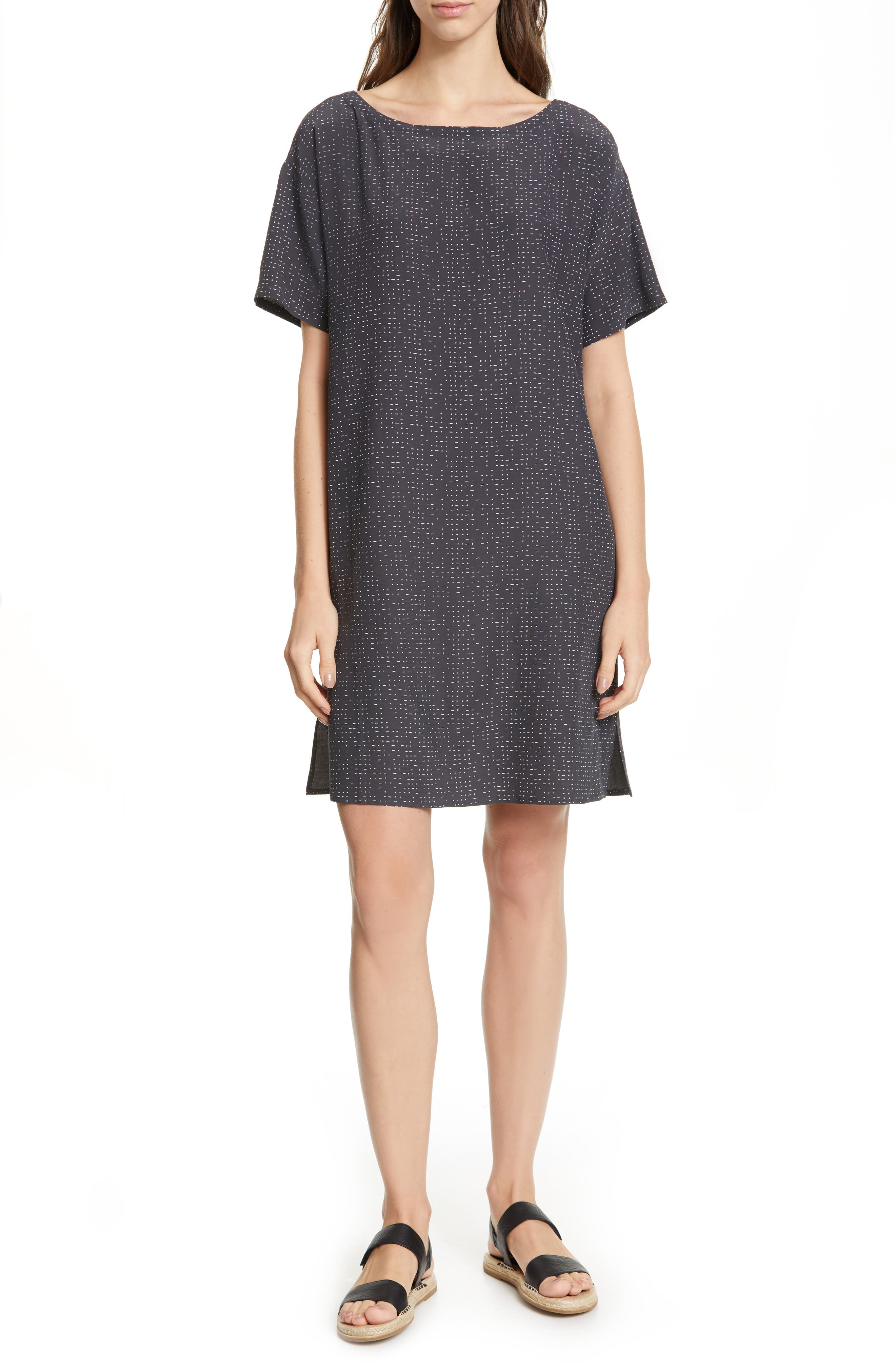 Petite Eileen Fisher Print Shift Dress, Grey