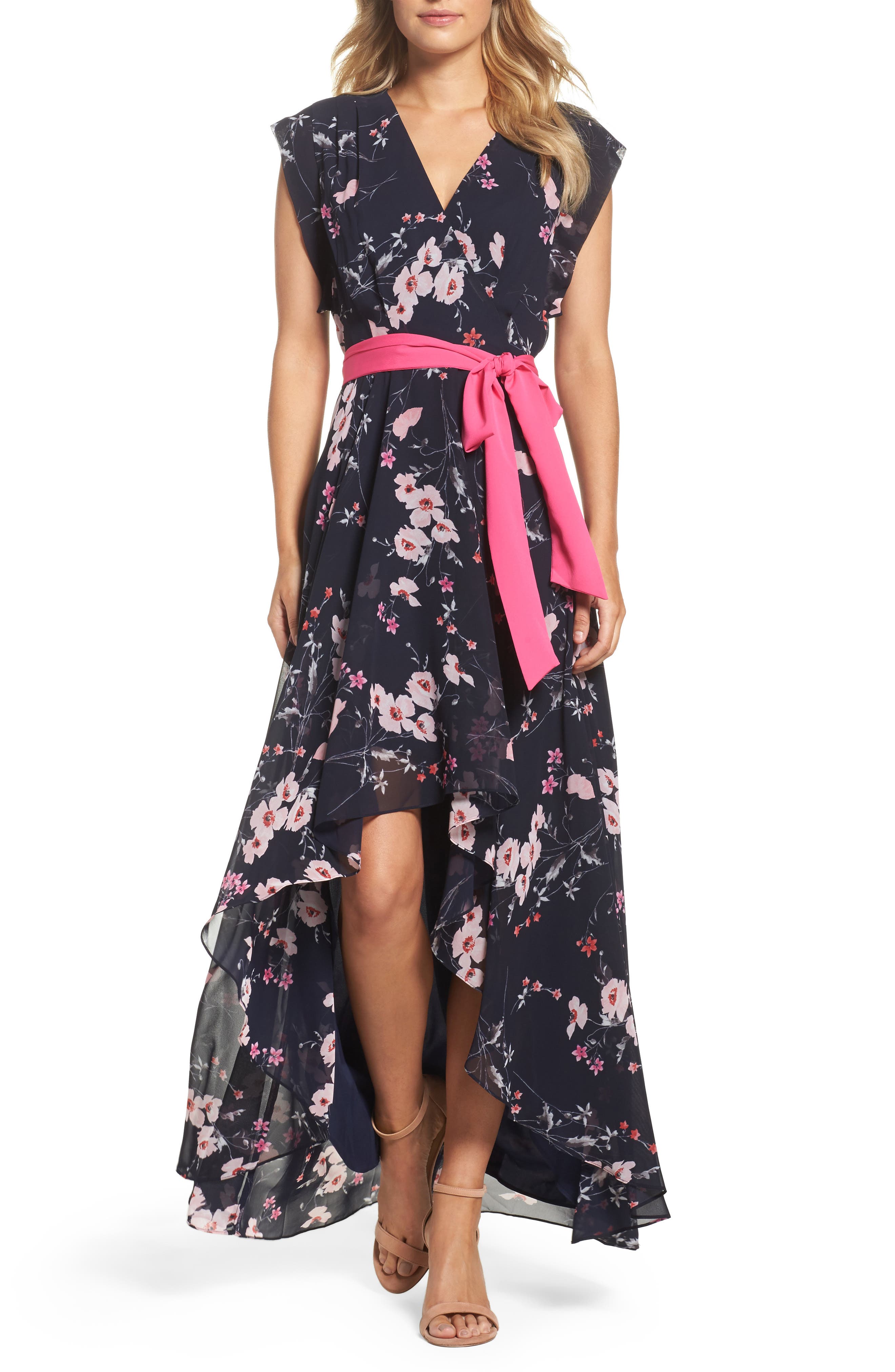 Eliza J High/low Floral Faux Wrap Dress, Blue