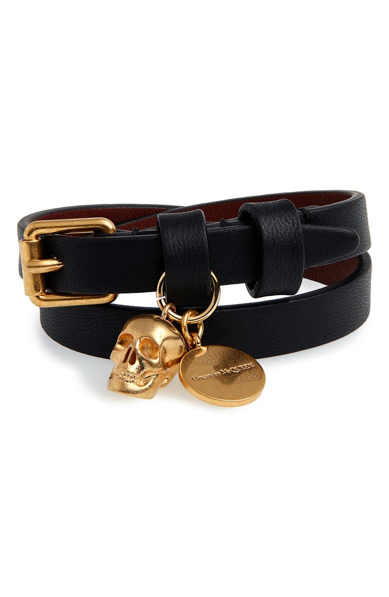 Alexander Mcqueen Double Wrap Leather Skull Bracelet In Black