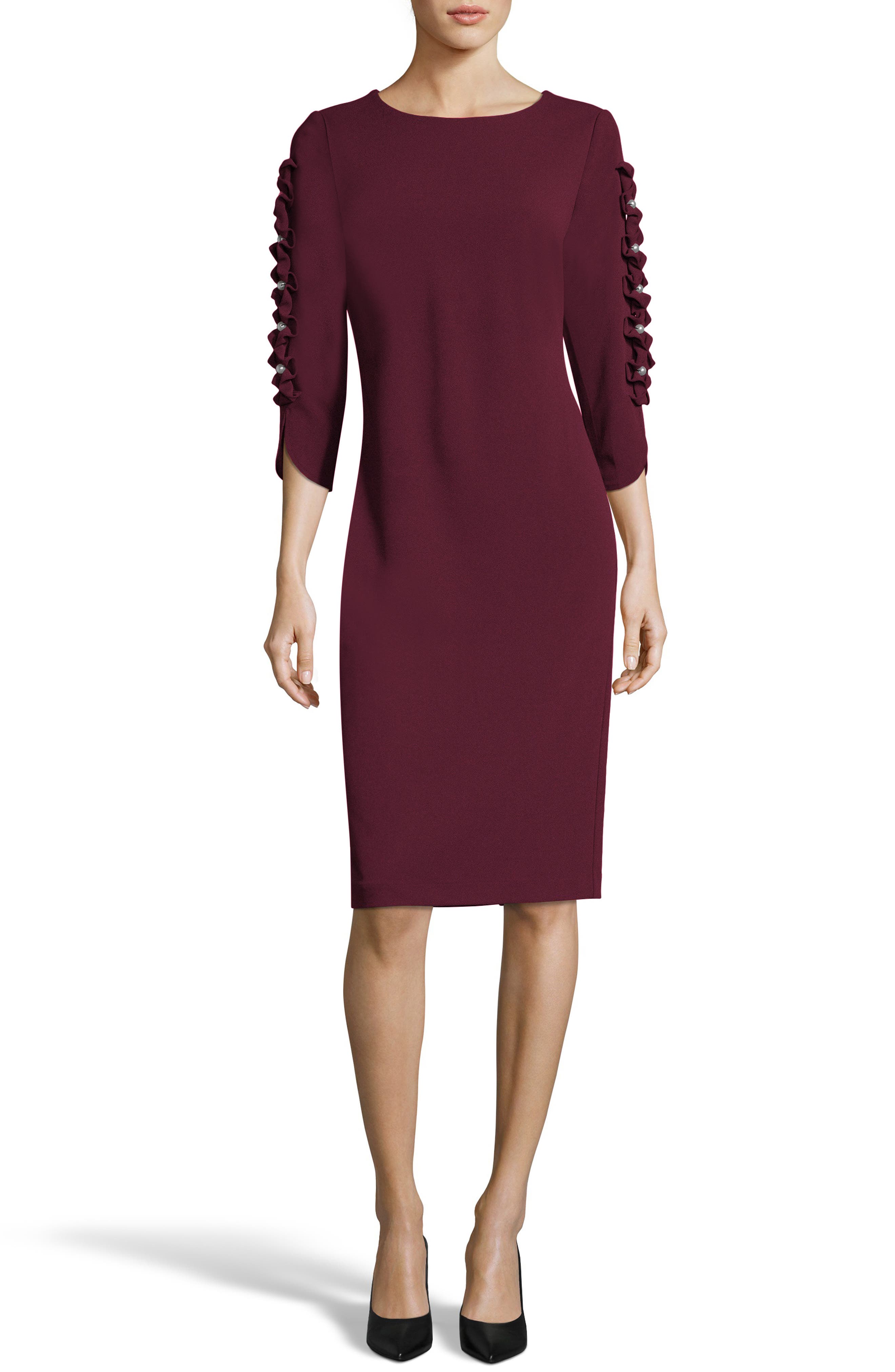 Eci Ruffle Sleeve Sheath Dress, Burgundy