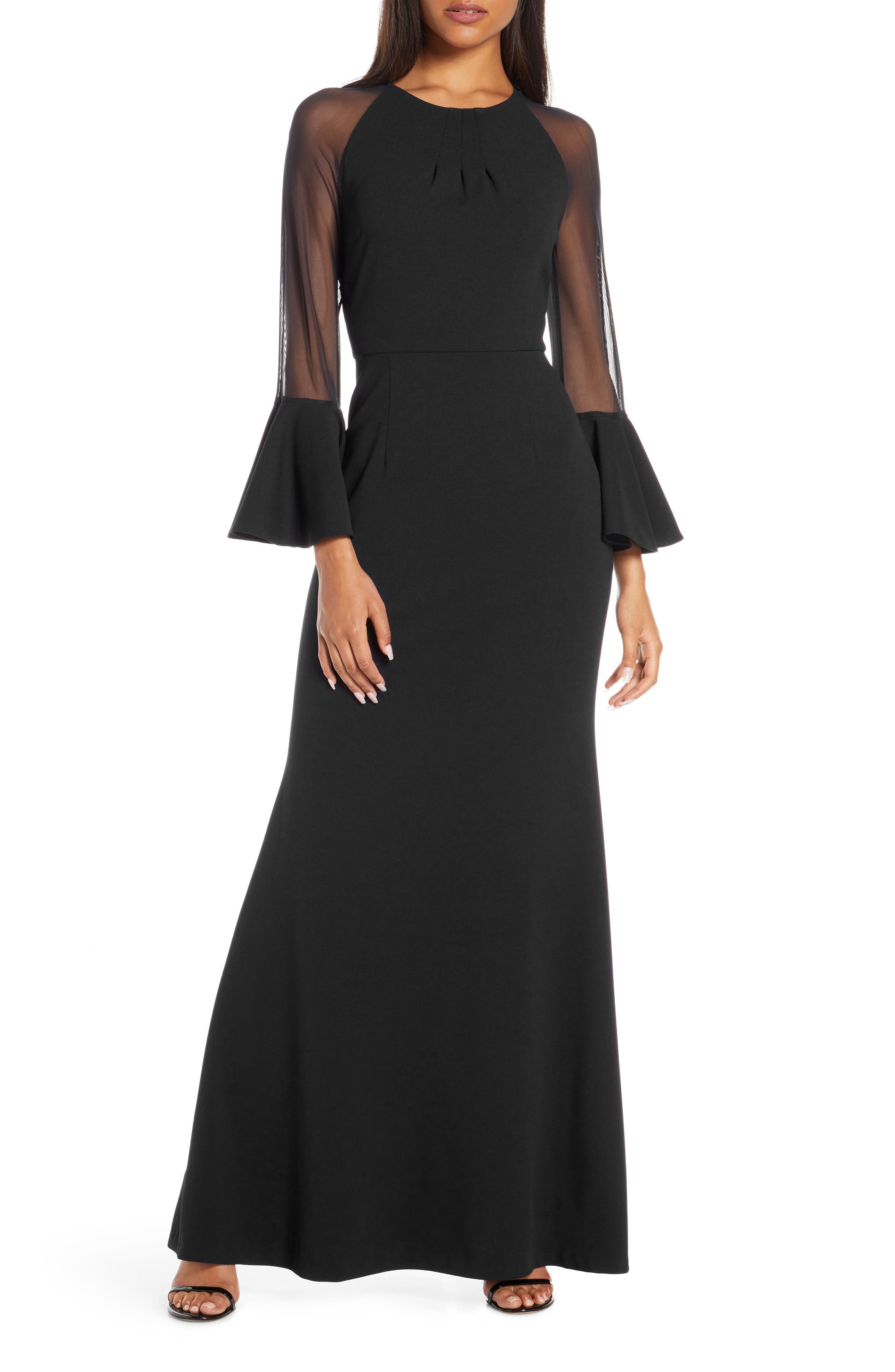 Eliza J Flounce Long Sleeve Scuba Gown, Black