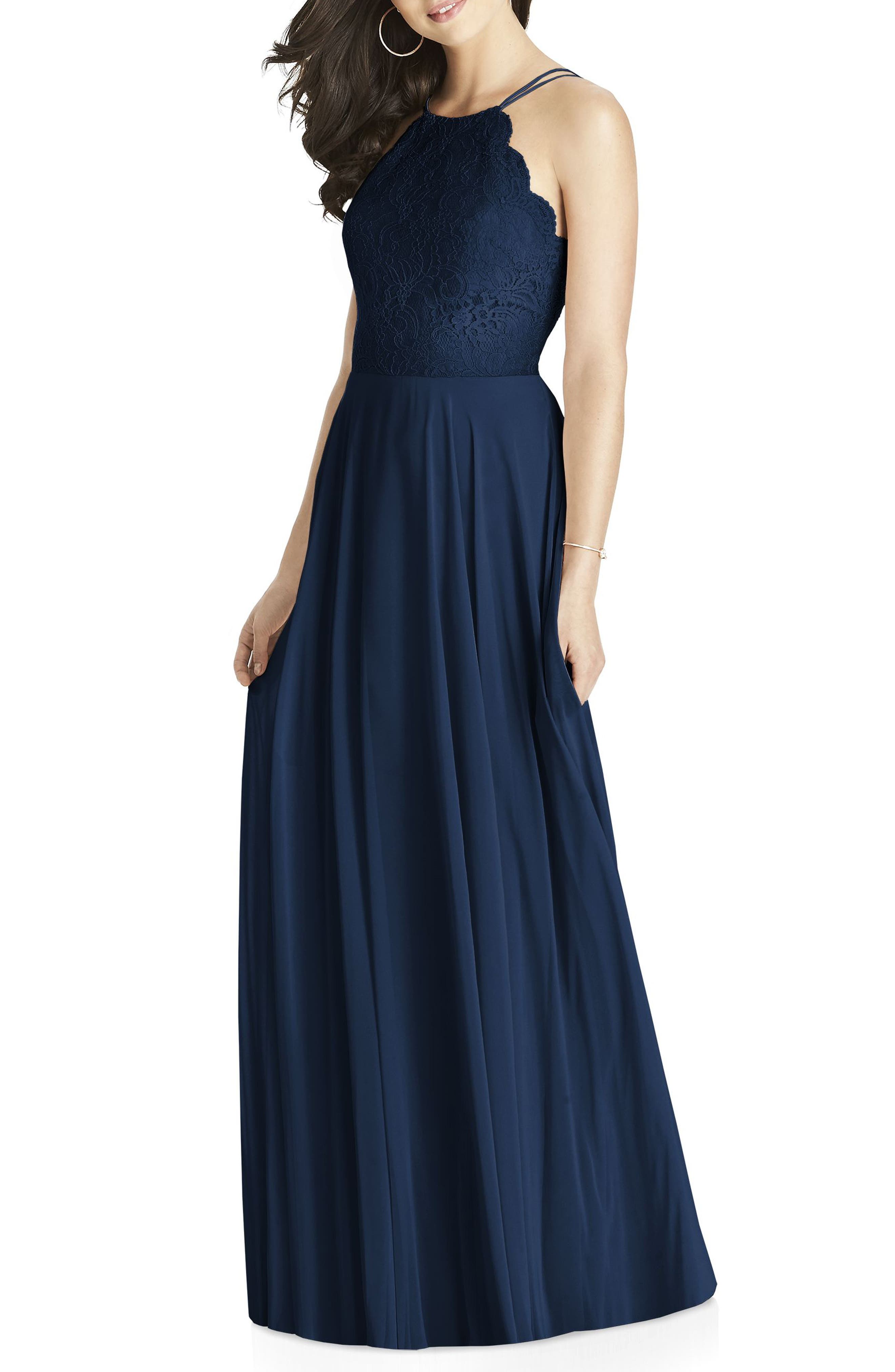 Dessy Collection Lace & Chiffon Halter Gown, Blue