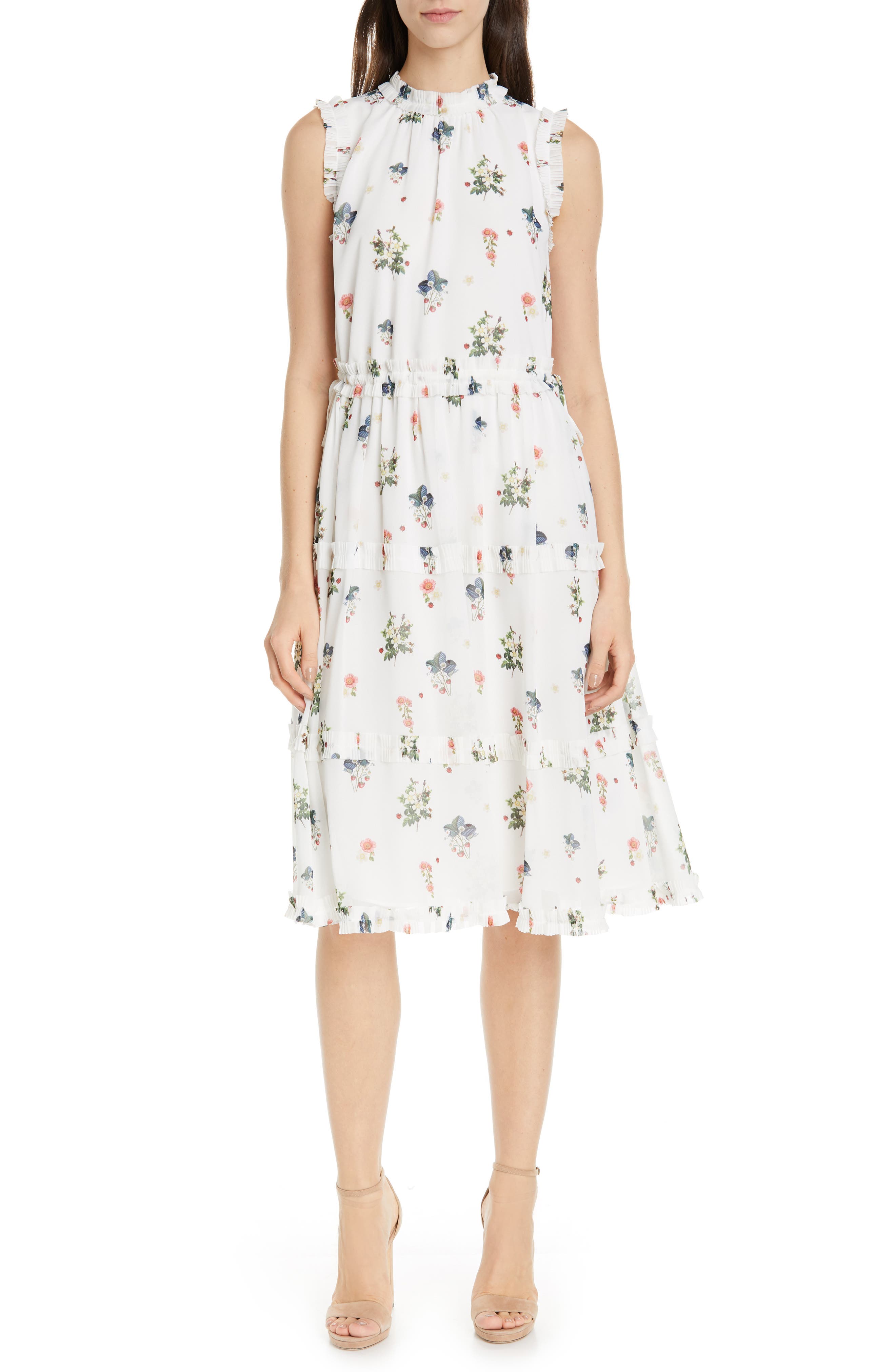 Ted Baker London Flutta Oracle Tiered Floral Midi Dress, White