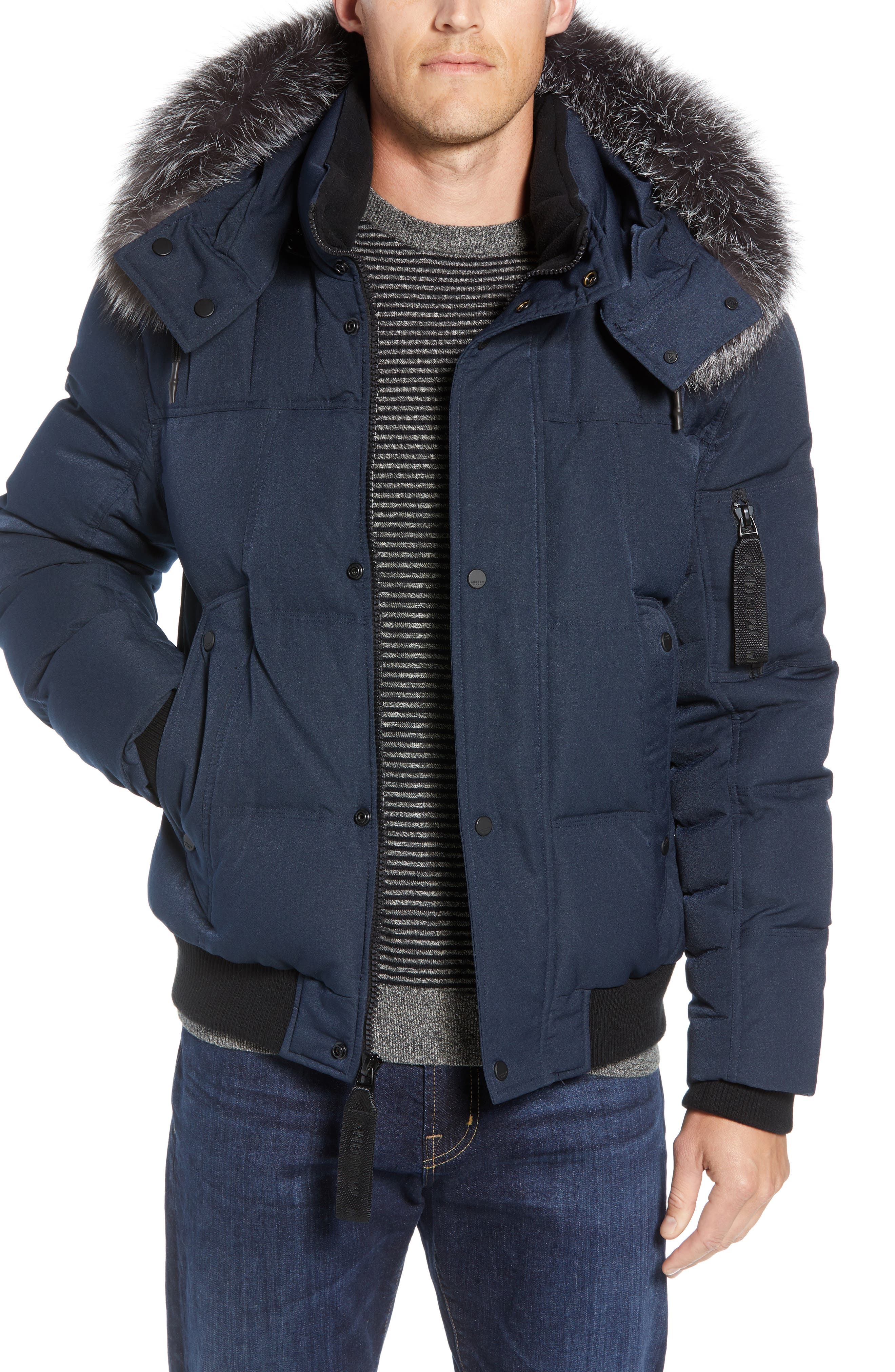 Andrew Marc Bennett Genuine Fox Fur Trim Down Bomber Jacket, Blue