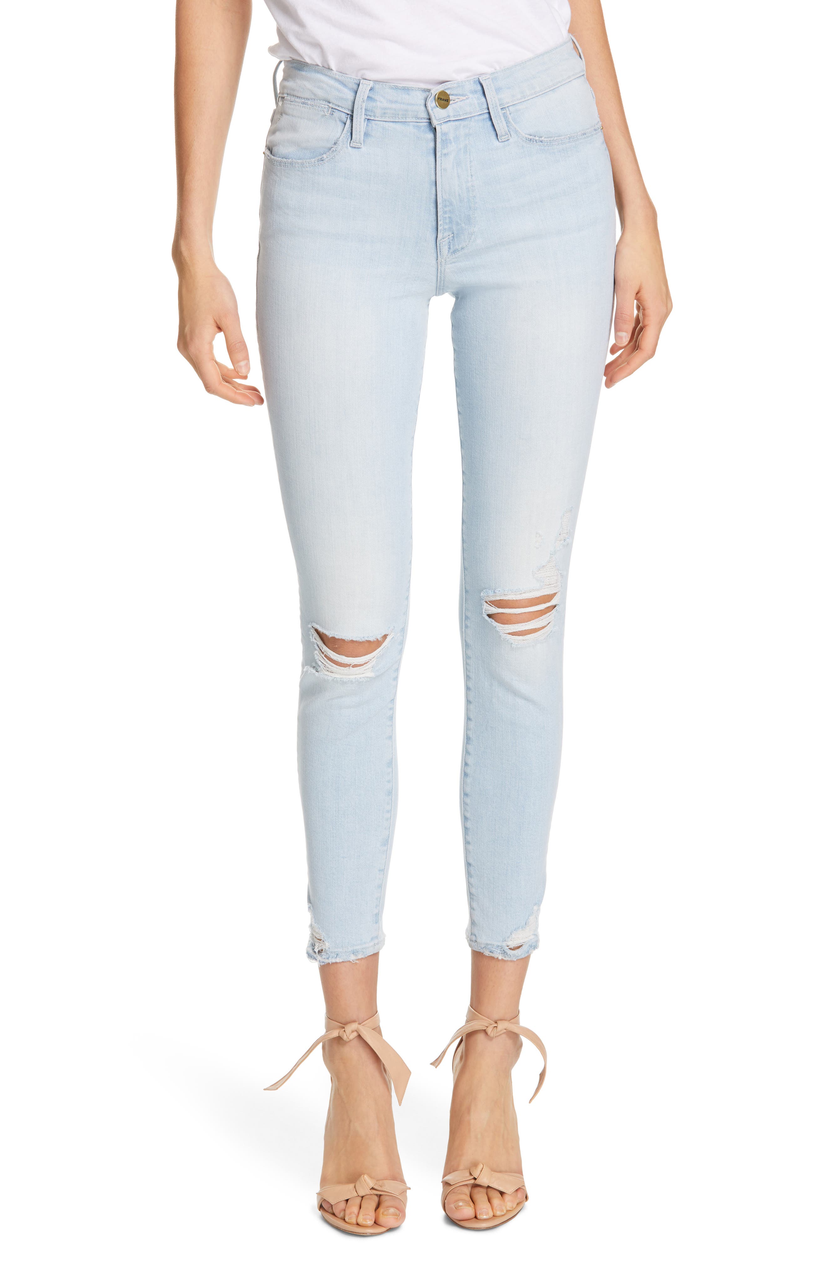 frame le high distressed skinny jeans