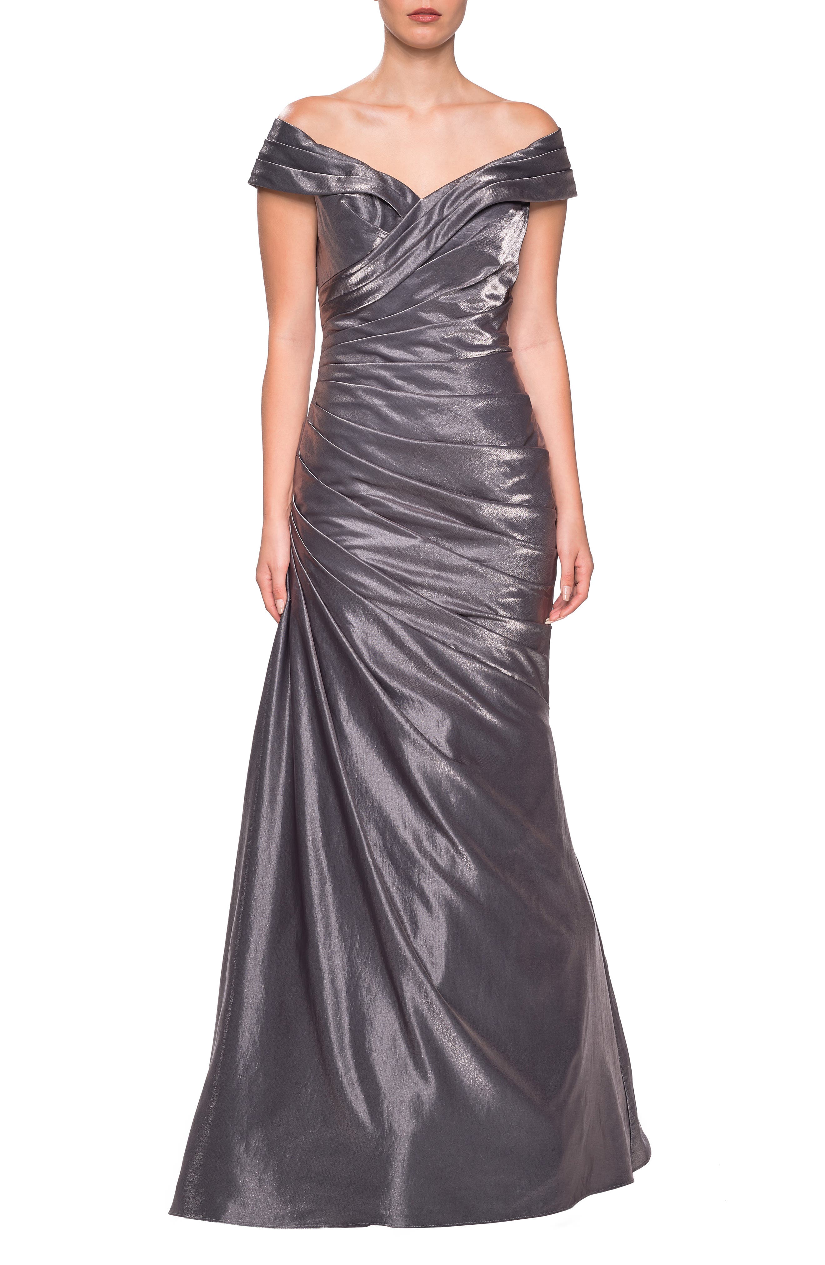 La Femme Ruched Two-Tone Satin Gown, Grey